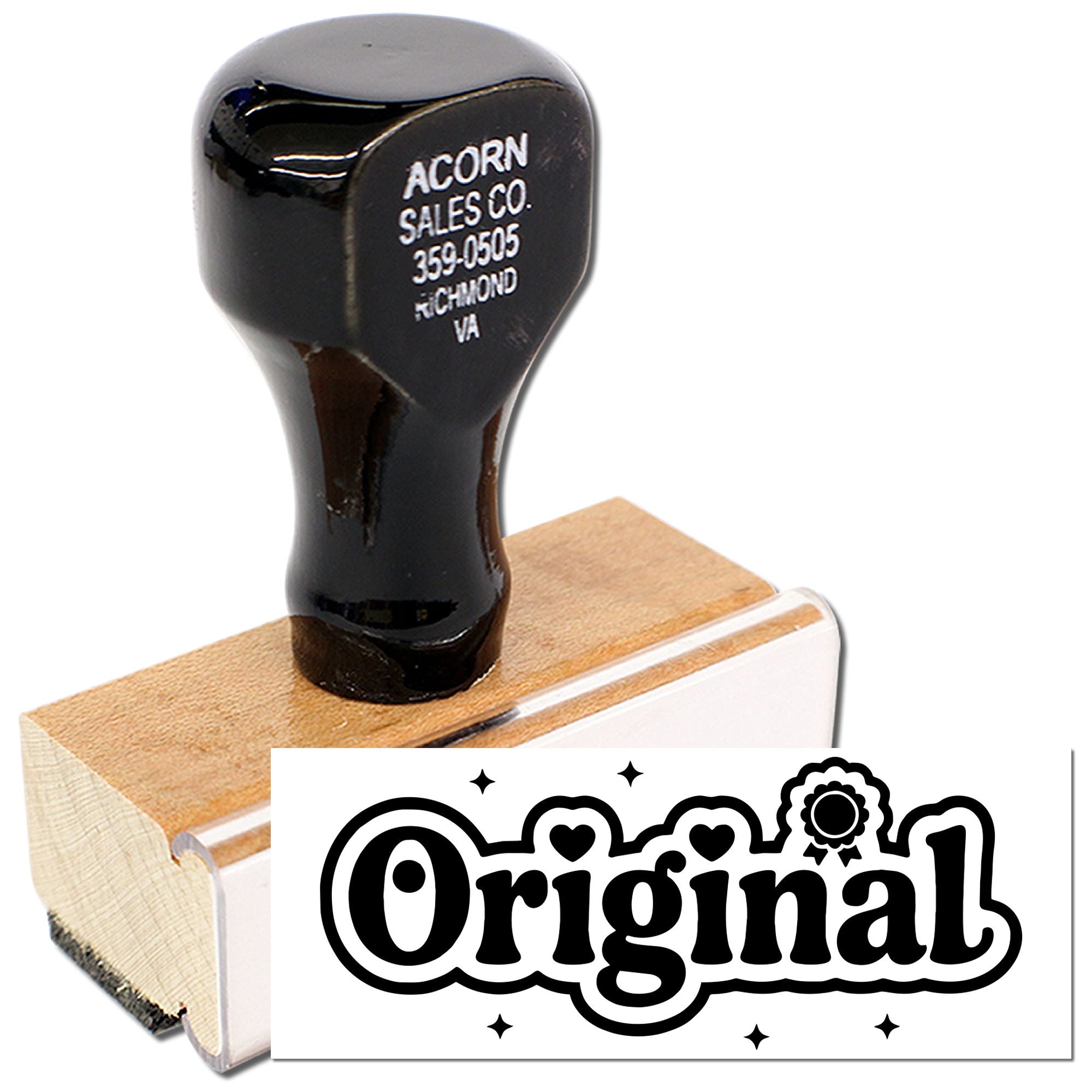 Wood handle rubber stamp for marking products with an Original logo design.