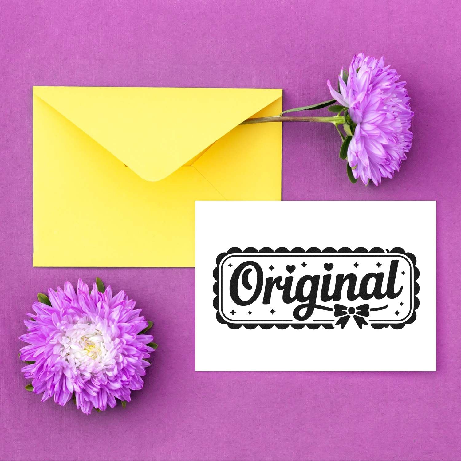 Decorative Original rubber stamp for handmade cards and envelopes with flowers and a yellow envelope on a purple background.