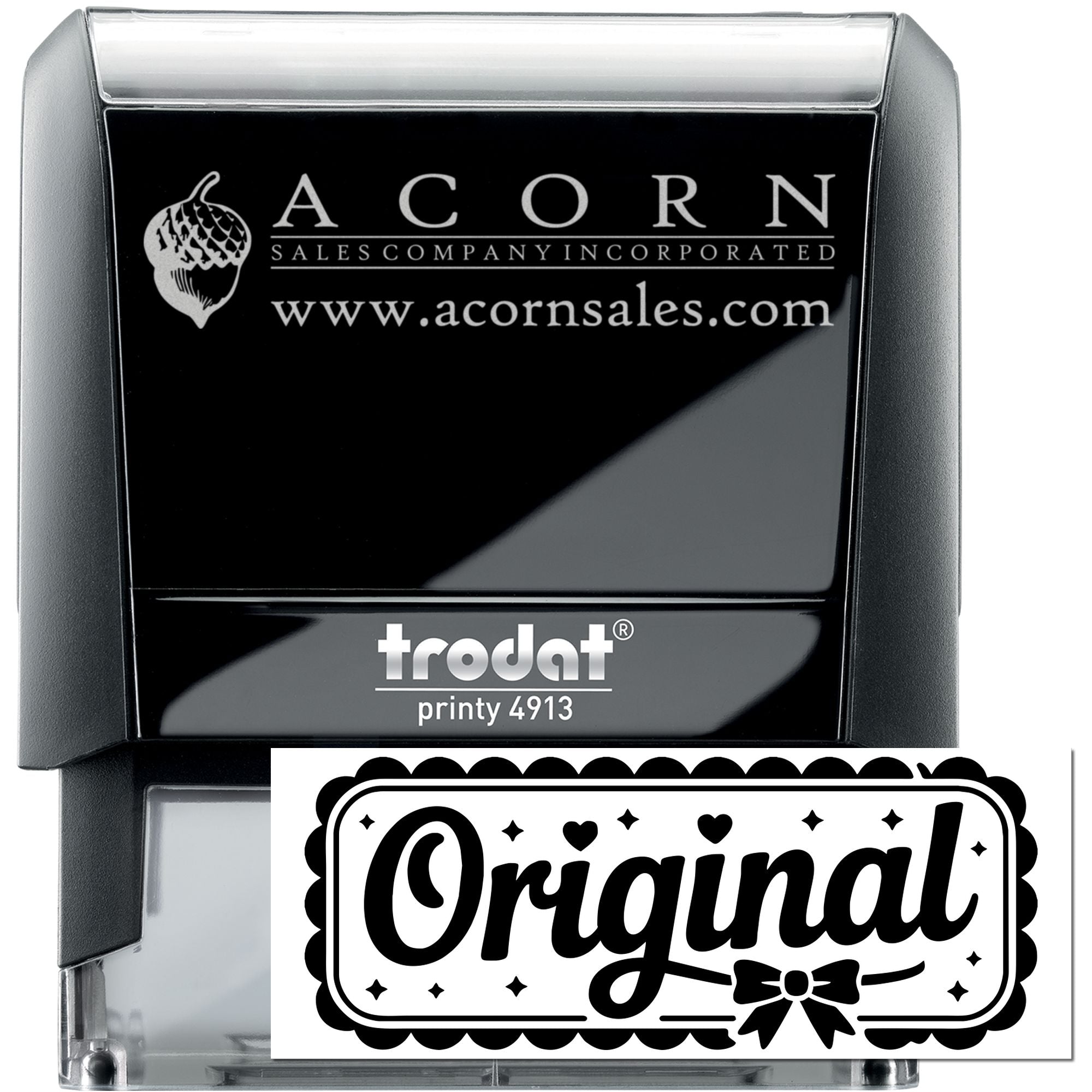 Custom self-inking rubber stamp, Trodat Printy 4913, with Acorn Sales Company logo and website.