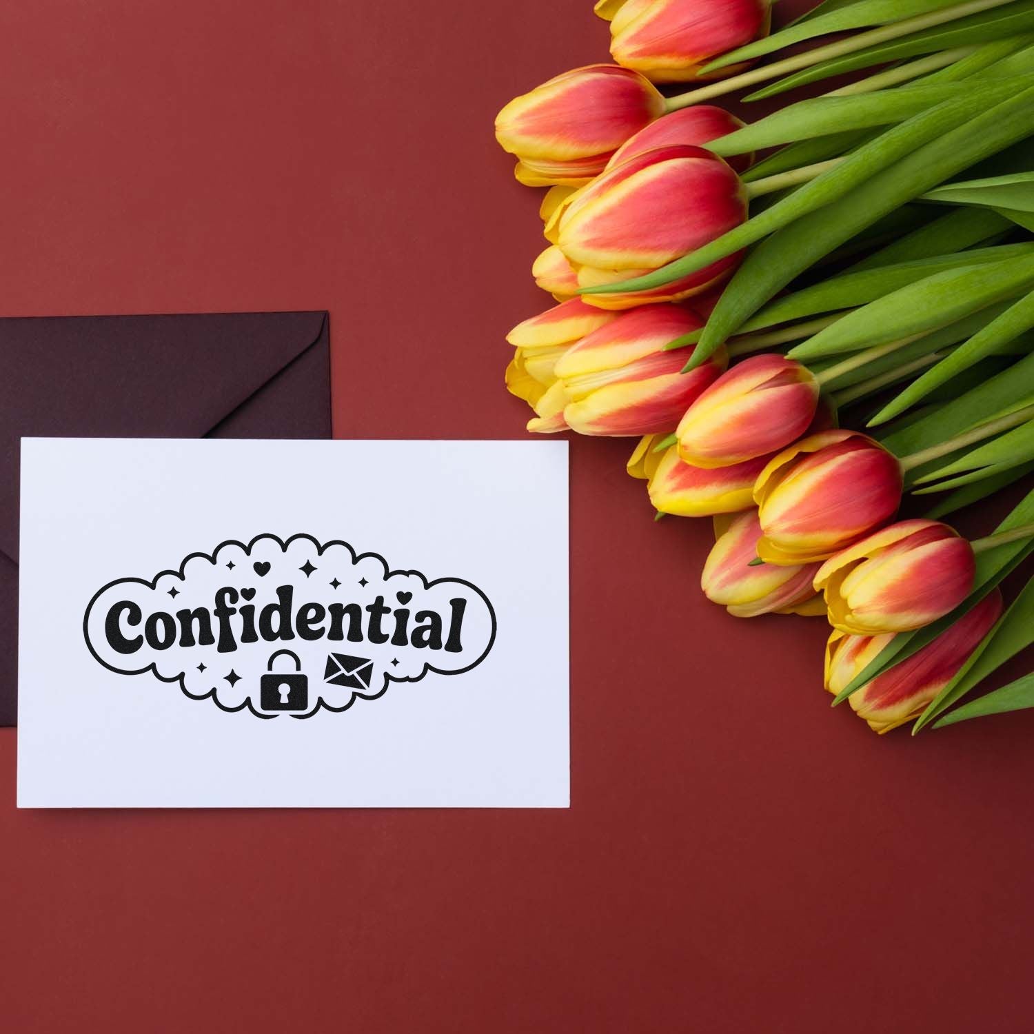 Custom Confidential rubber stamp on stationery beside tulips, perfect for secure mail, document labeling, and office use.