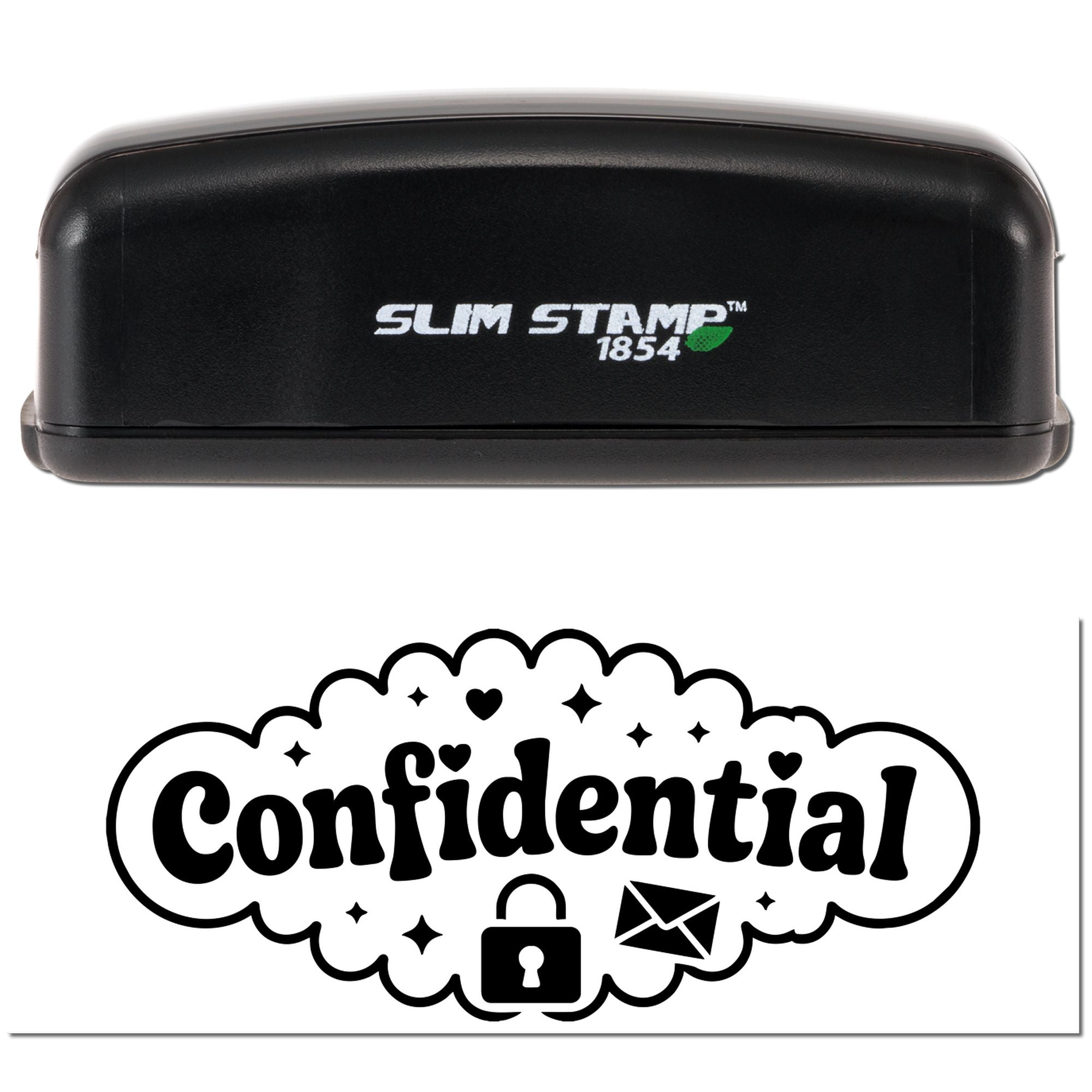 Slim Stamp 1854 custom confidential rubber stamp imprint with padlock and envelope icon for secure document marking.