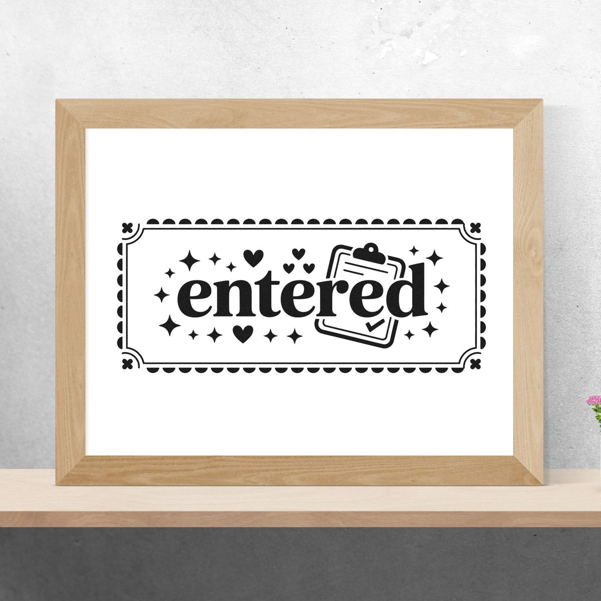 Decorative entered rubber stamp design with hearts, stars, and clipboard icon in a vintage border for crafting and approval.