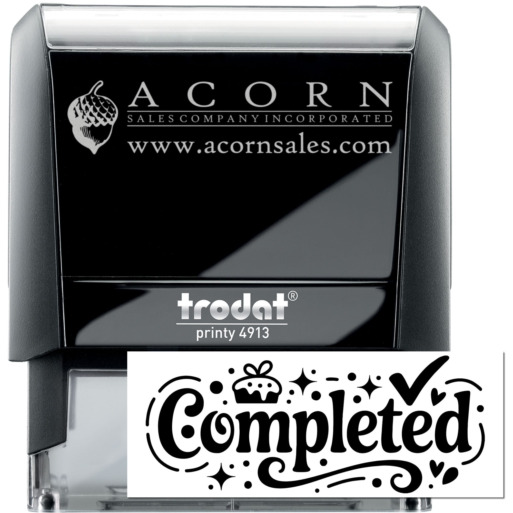 Custom self-inking rubber stamp, Trodat Printy 4913, with Acorn Sales Company logo and Completed design for business documents.