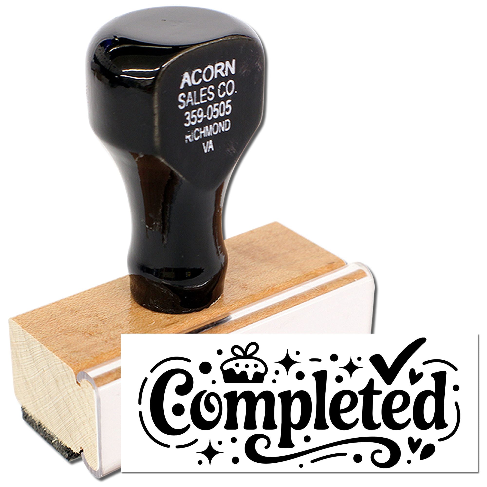 Completed rubber stamp with decorative imprint, wooden base, and handle for marking approved paperwork and office records.