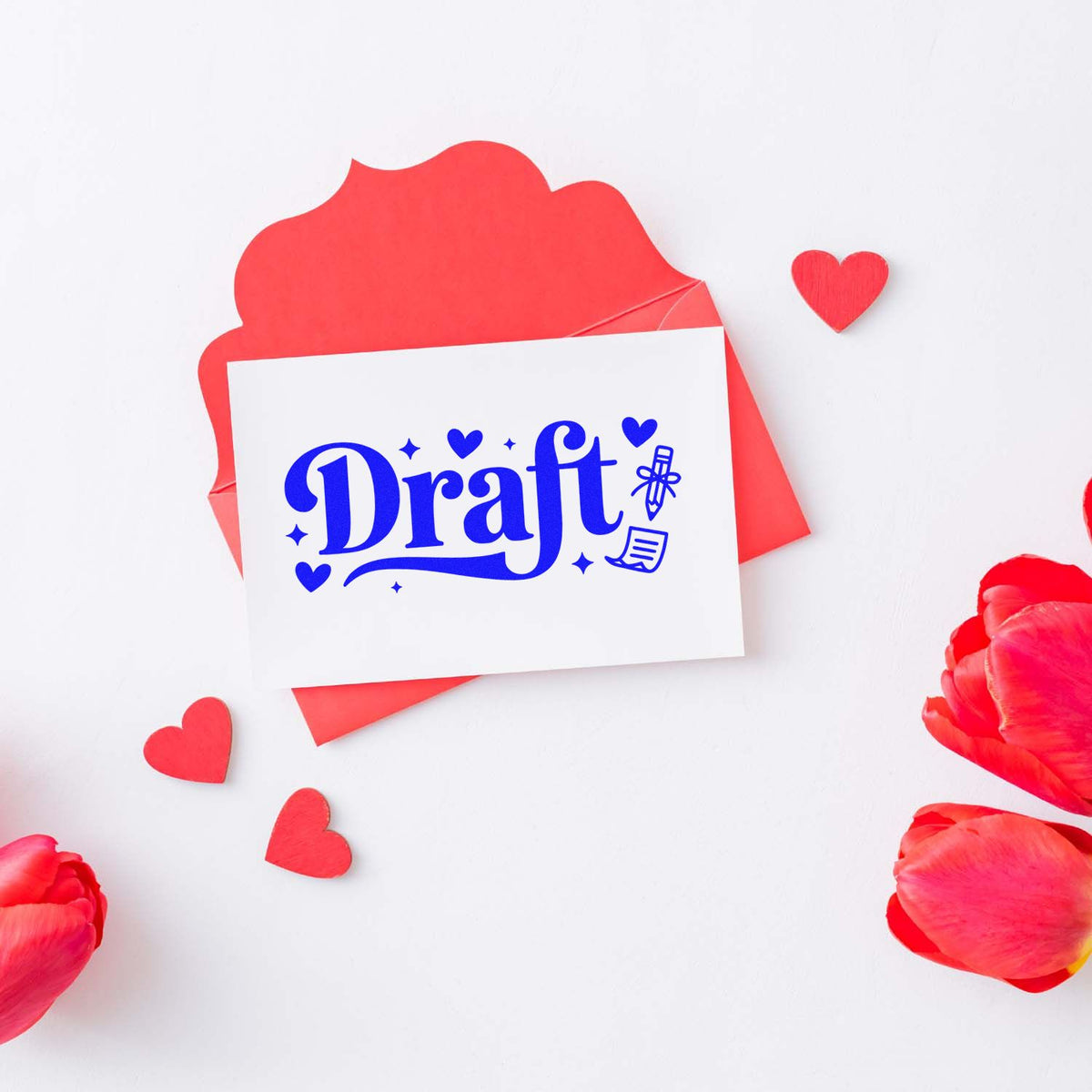 Custom Draft rubber stamp design on a greeting card with hearts, ideal for stationery, crafts, and office proofing.