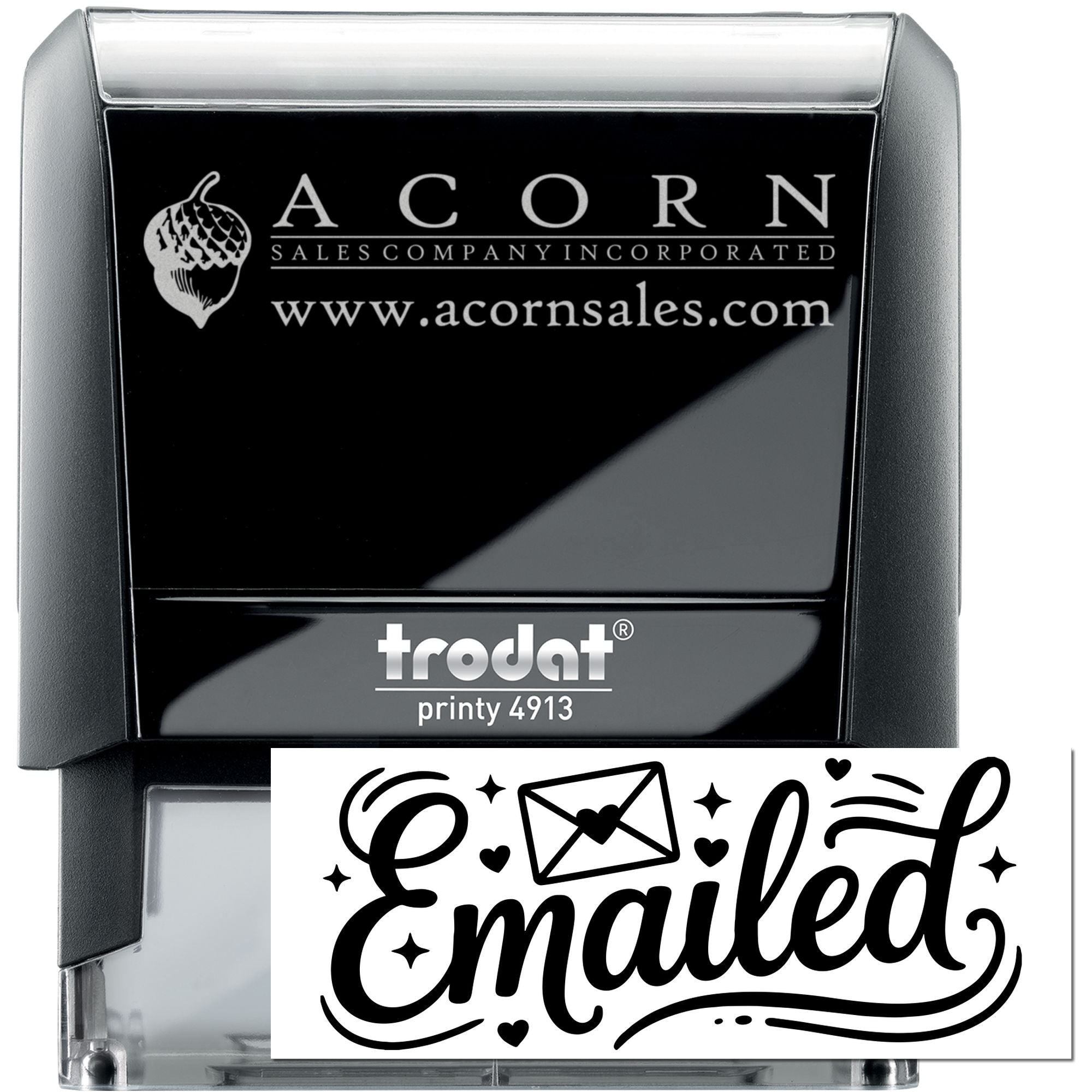 Custom Trodat self-inking rubber stamp for Acorn Sales Company with logo, website and Emailed office mark.
