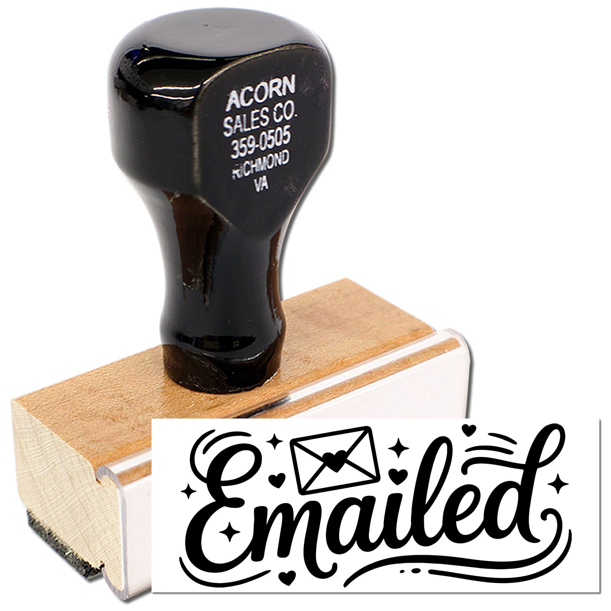 Custom "Emailed" rubber stamp with decorative envelope design for office mail tracking and business correspondence.