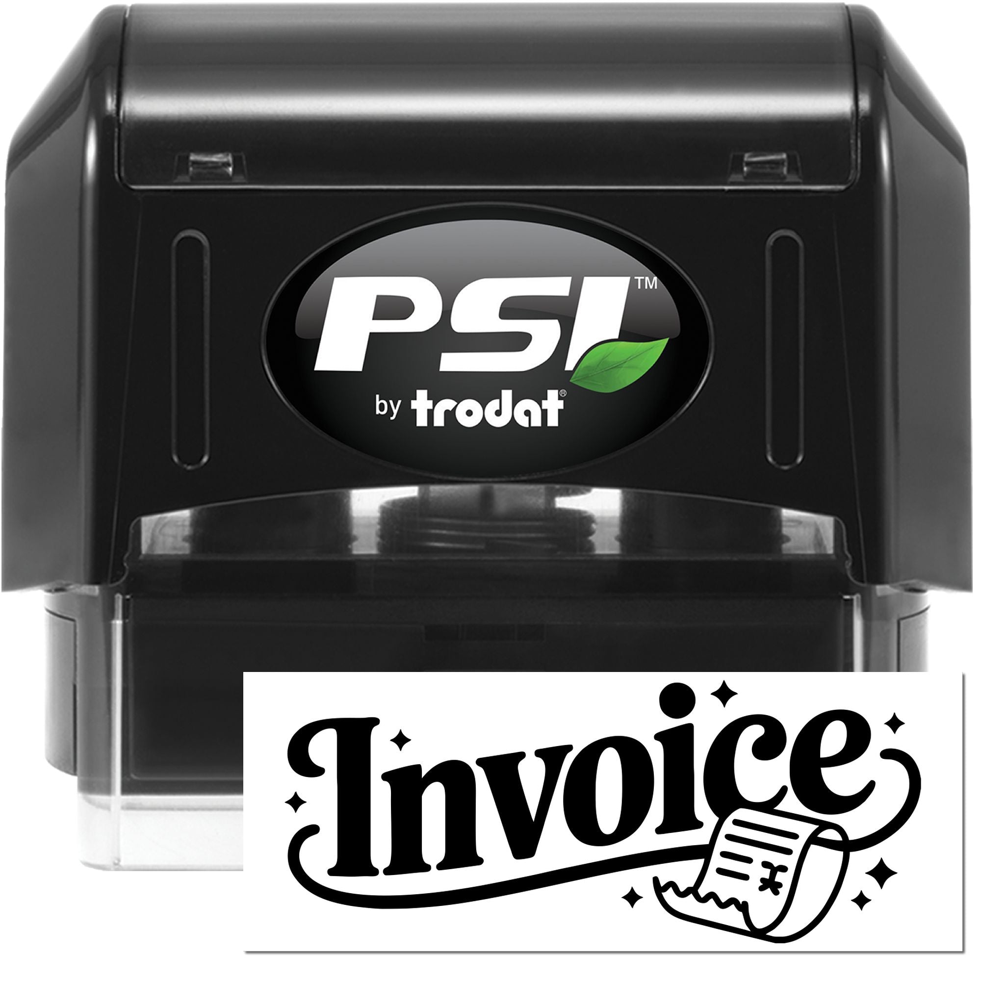PSI by Trodat self-inking rubber stamp with custom invoice design for business billing and office paperwork.