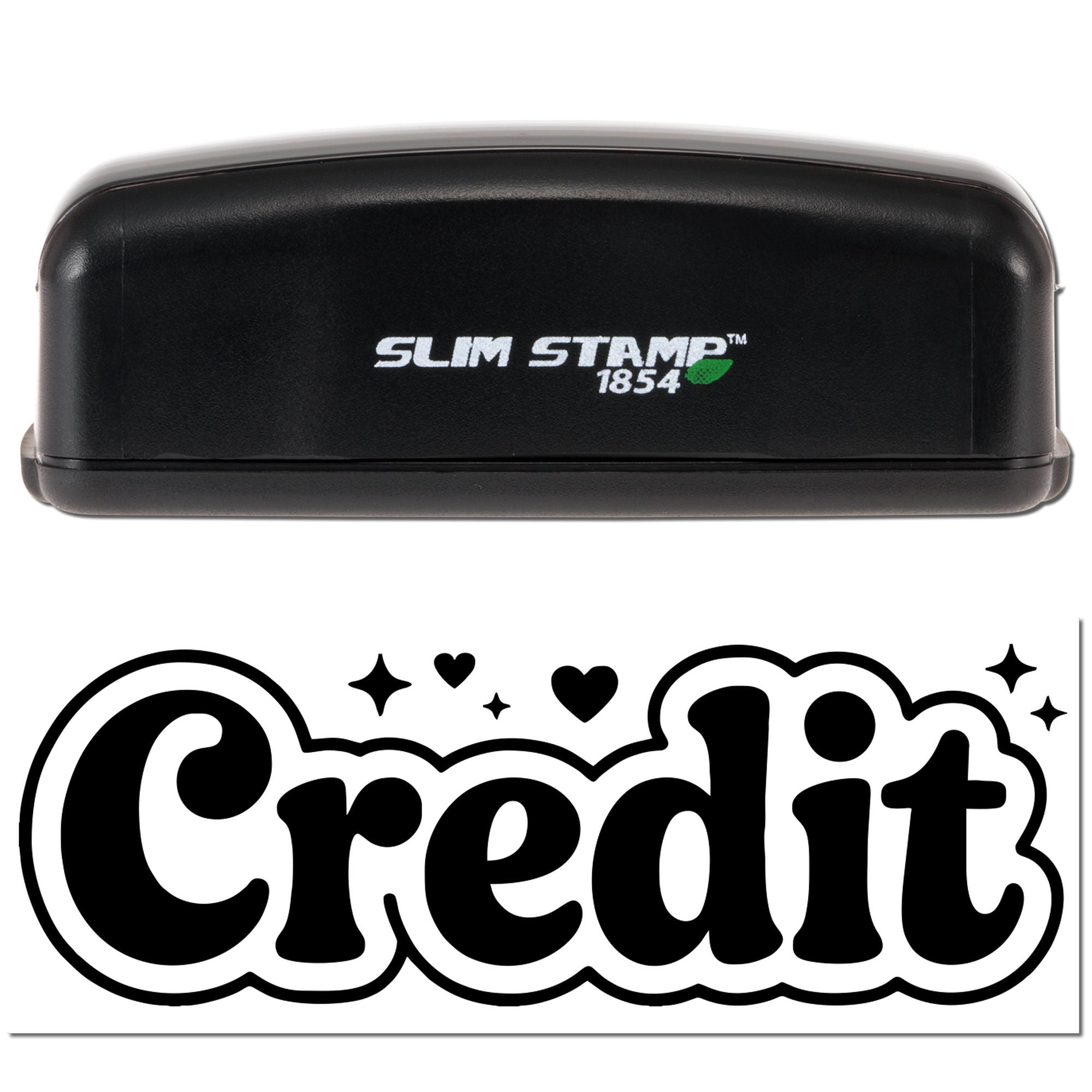 Slim Stamp 1854 self-inking rubber stamp with Credit design, playful word art with hearts and sparkles for crafts and labeling.