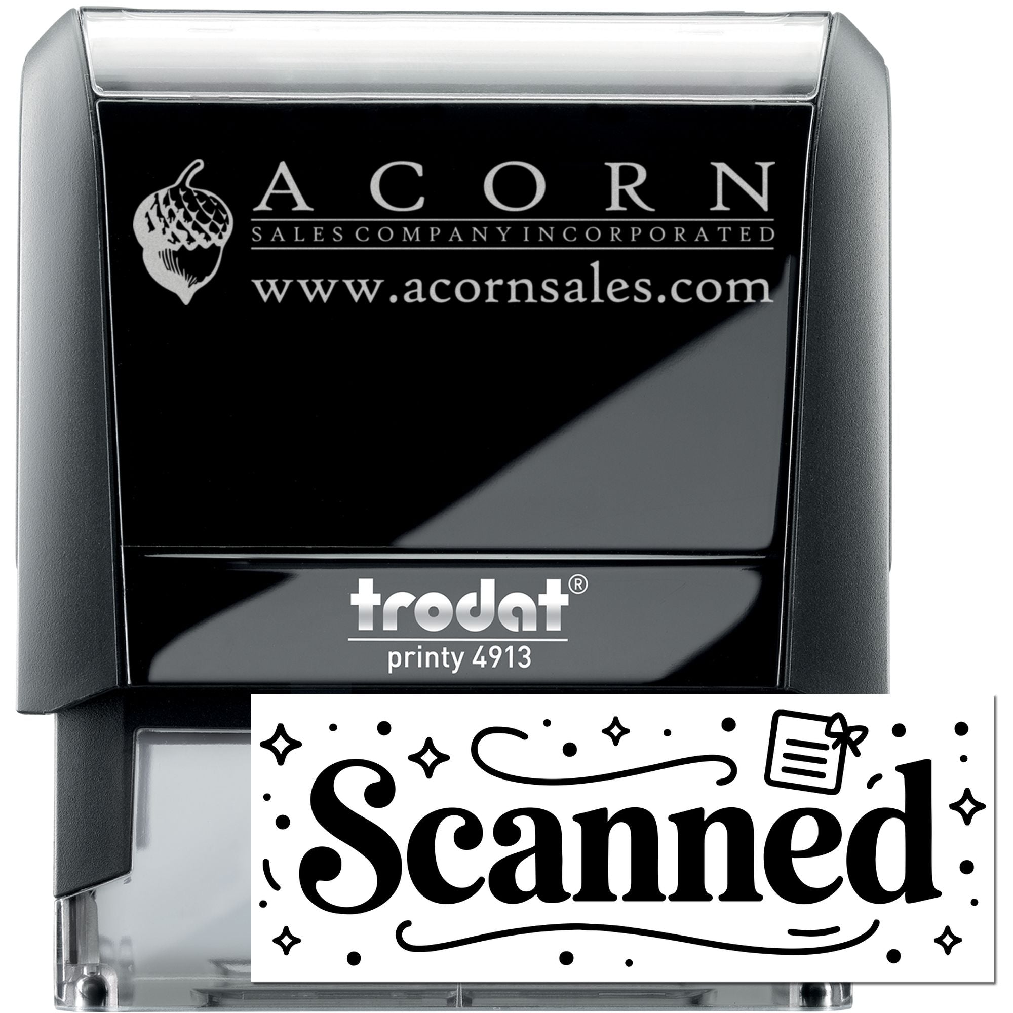 Trodat Printy 4913 custom self-inking rubber stamp for Acorn Sales Company with logo and website.
