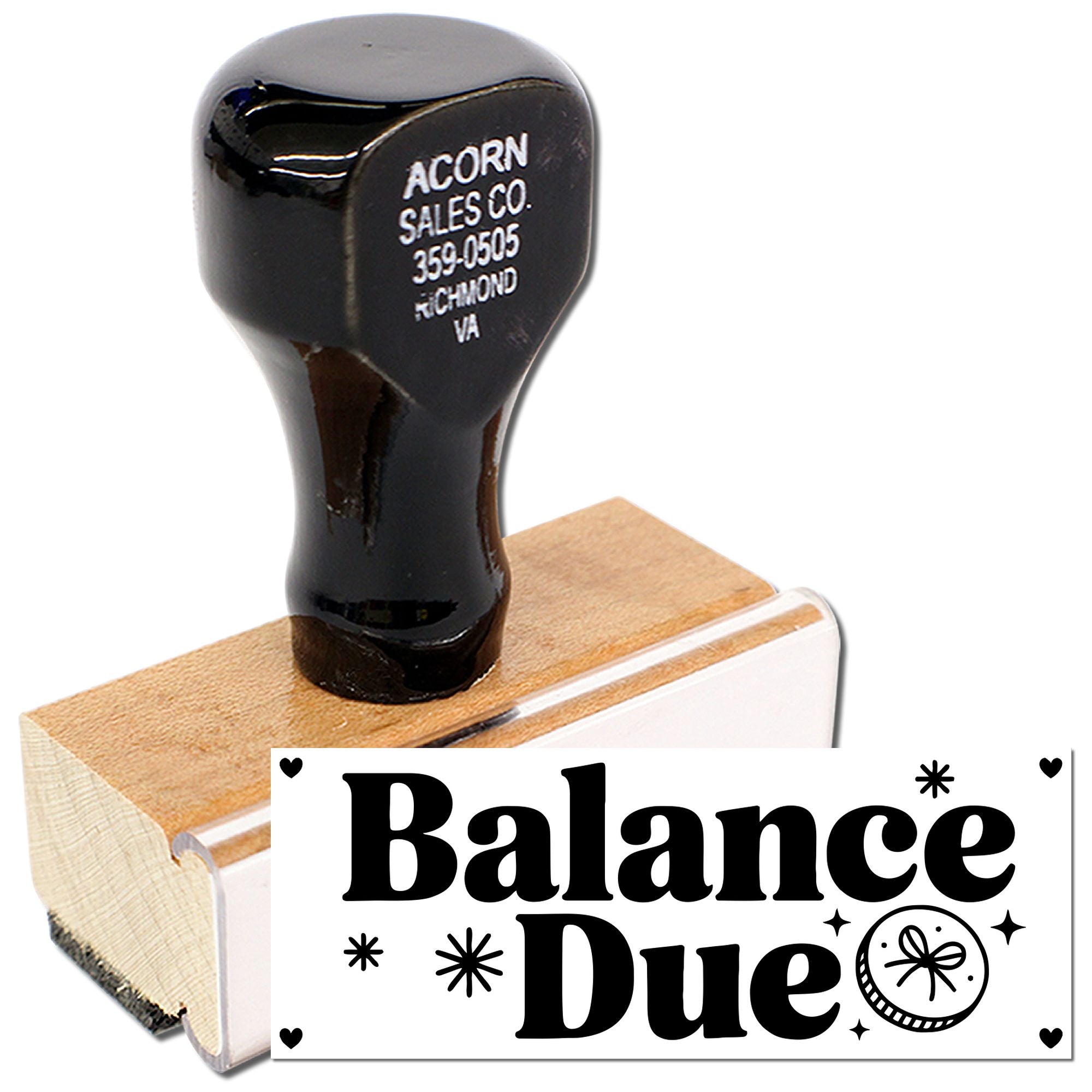 Custom wooden rubber stamp with Balance Due design for invoices, accounting, and bookkeeping.