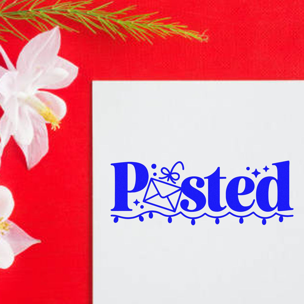 Blue Posted rubber stamp design with envelope icon on white card, ideal for mailers, packaging, and greeting cards.