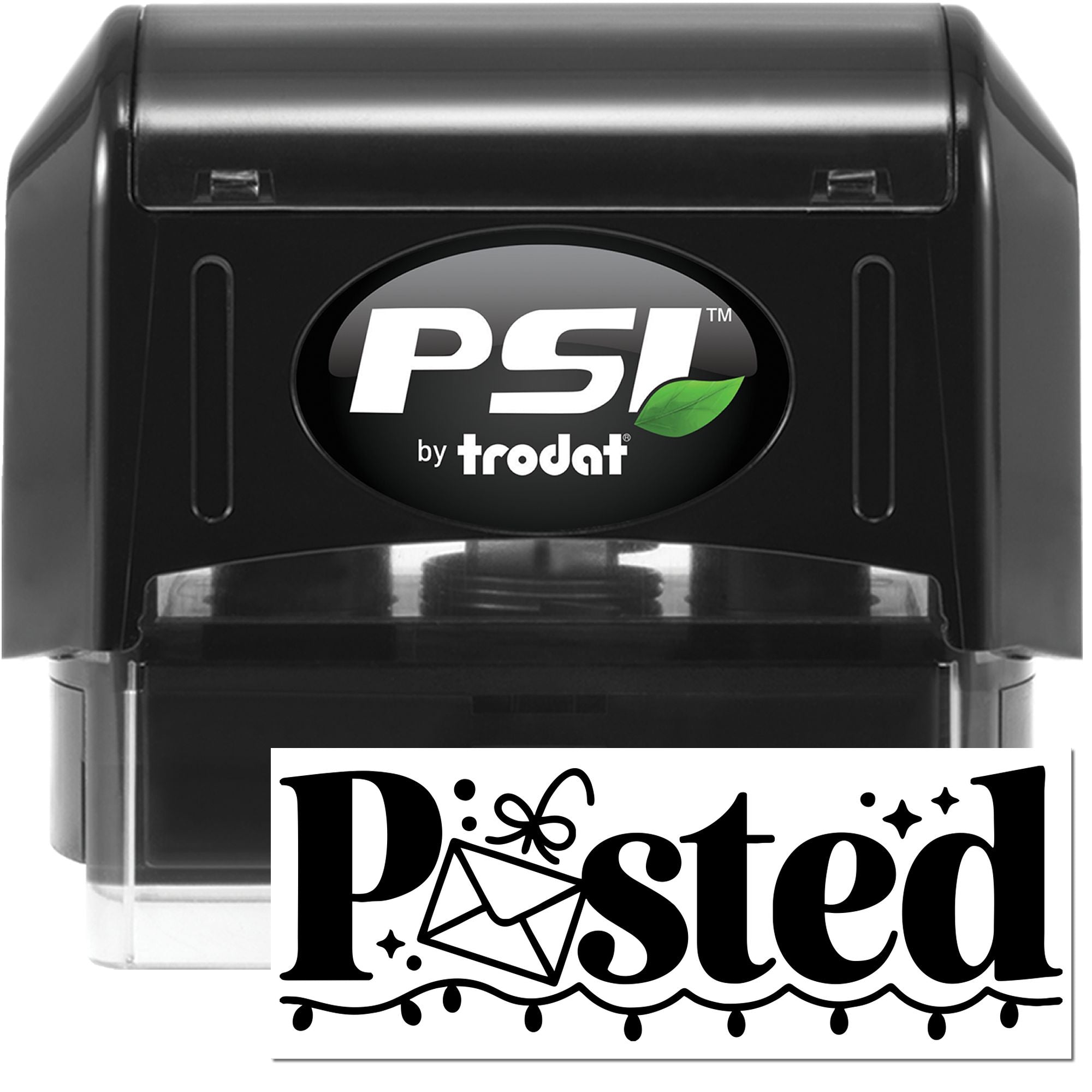 PSI by Trodat self-inking rubber stamp with Posted design for marking envelopes and office documents quickly.