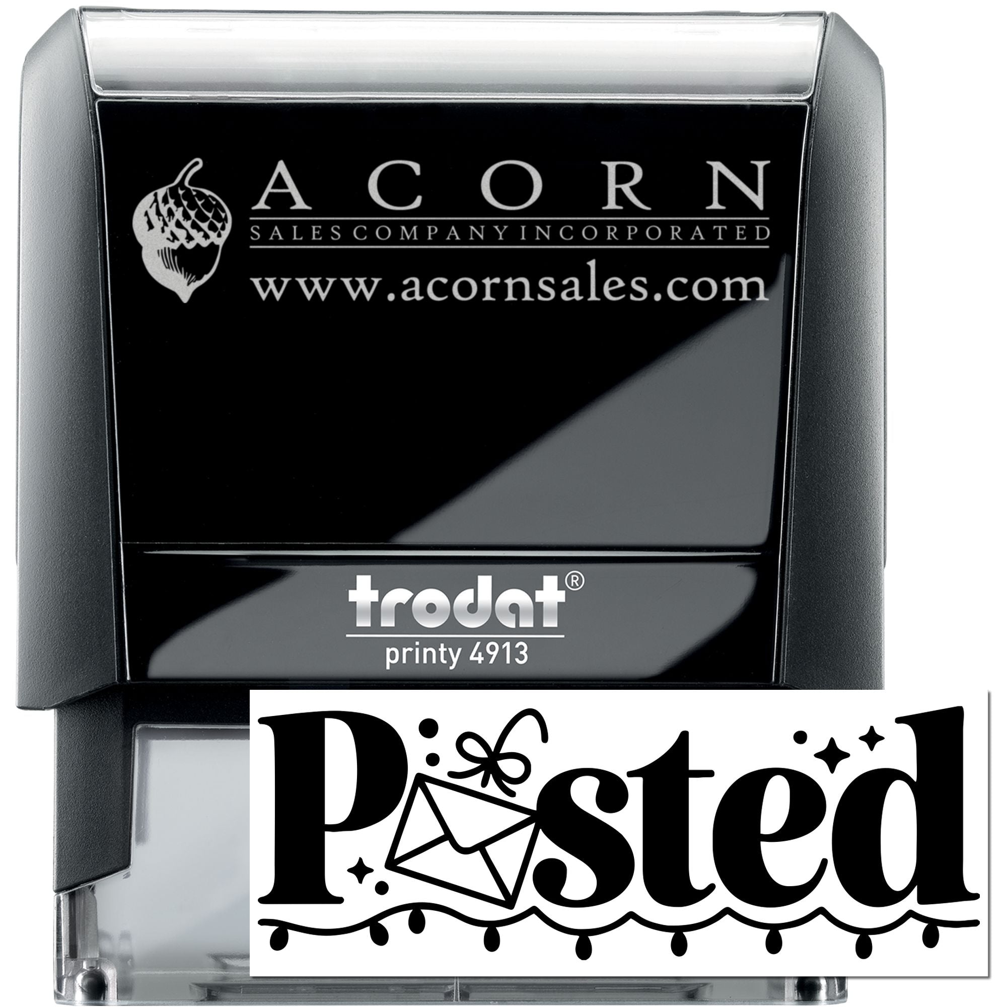 Custom self-inking rubber stamp with Acorn Sales Company logo and Posted imprint for office mail and document marking.