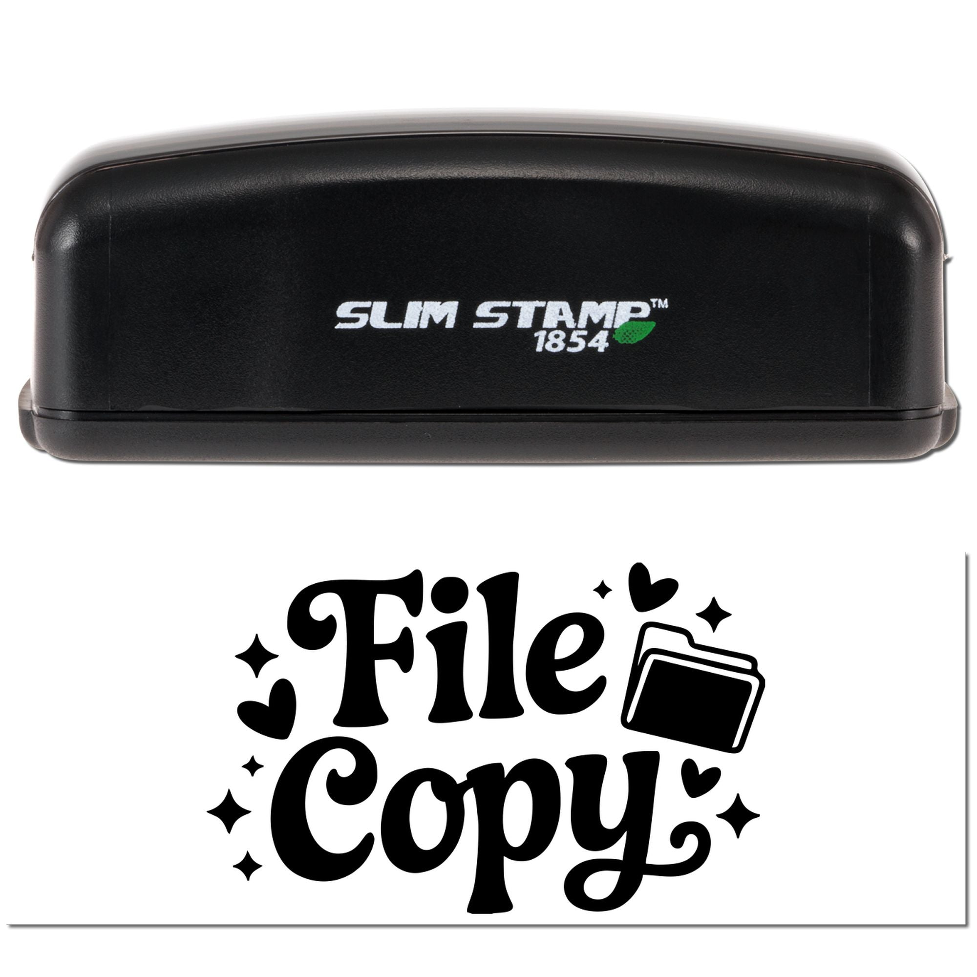 Slim Stamp 1854 self-inking rubber stamp with File Copy design for office document labeling.