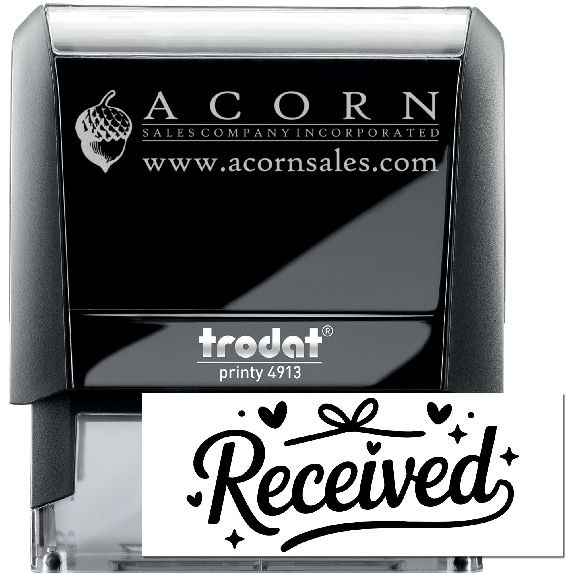 Custom self-inking business rubber stamp with company logo and Received imprint, Trodat Printy 4913.