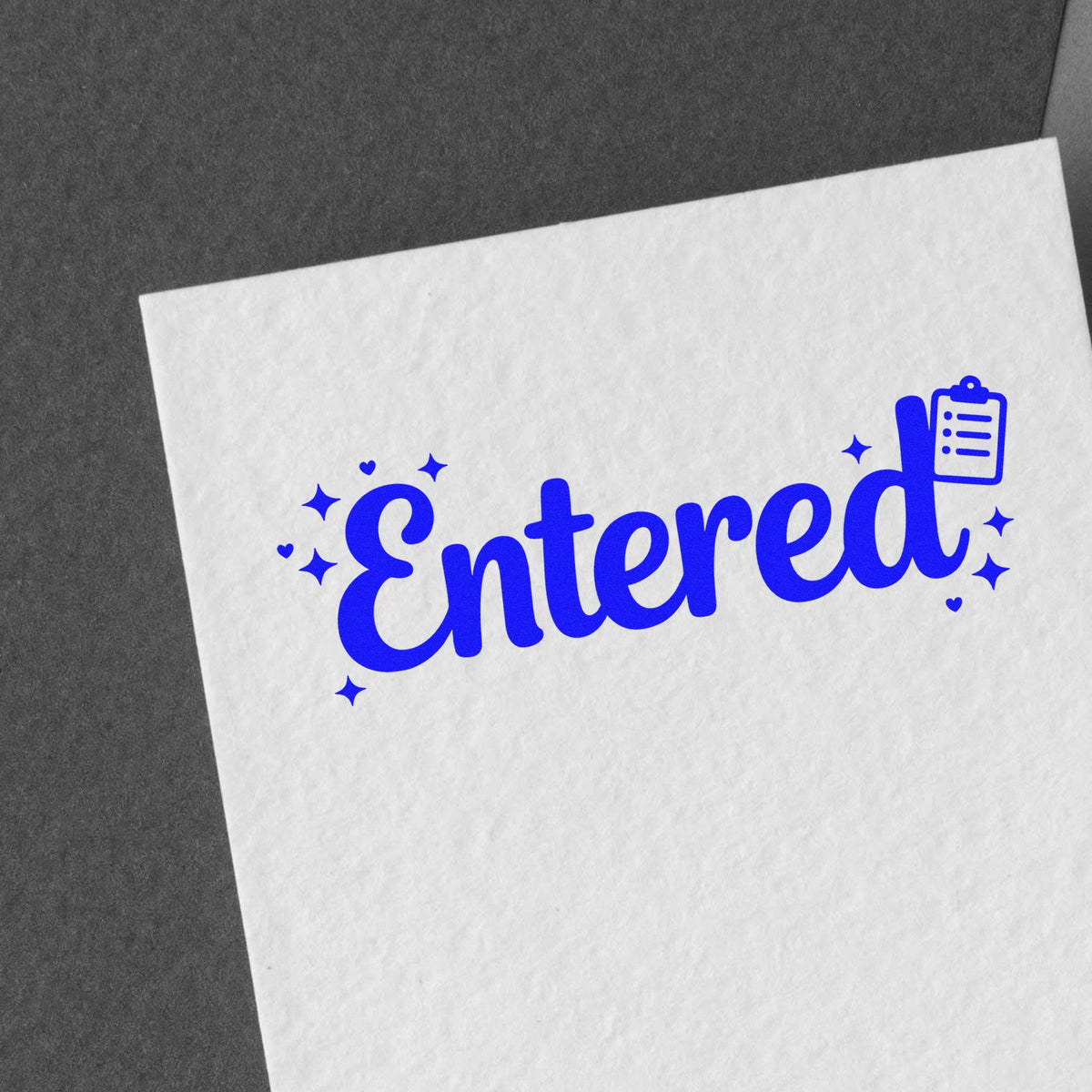 Entered rubber stamp design with clipboard icon for office document processing, filing, and record tracking.