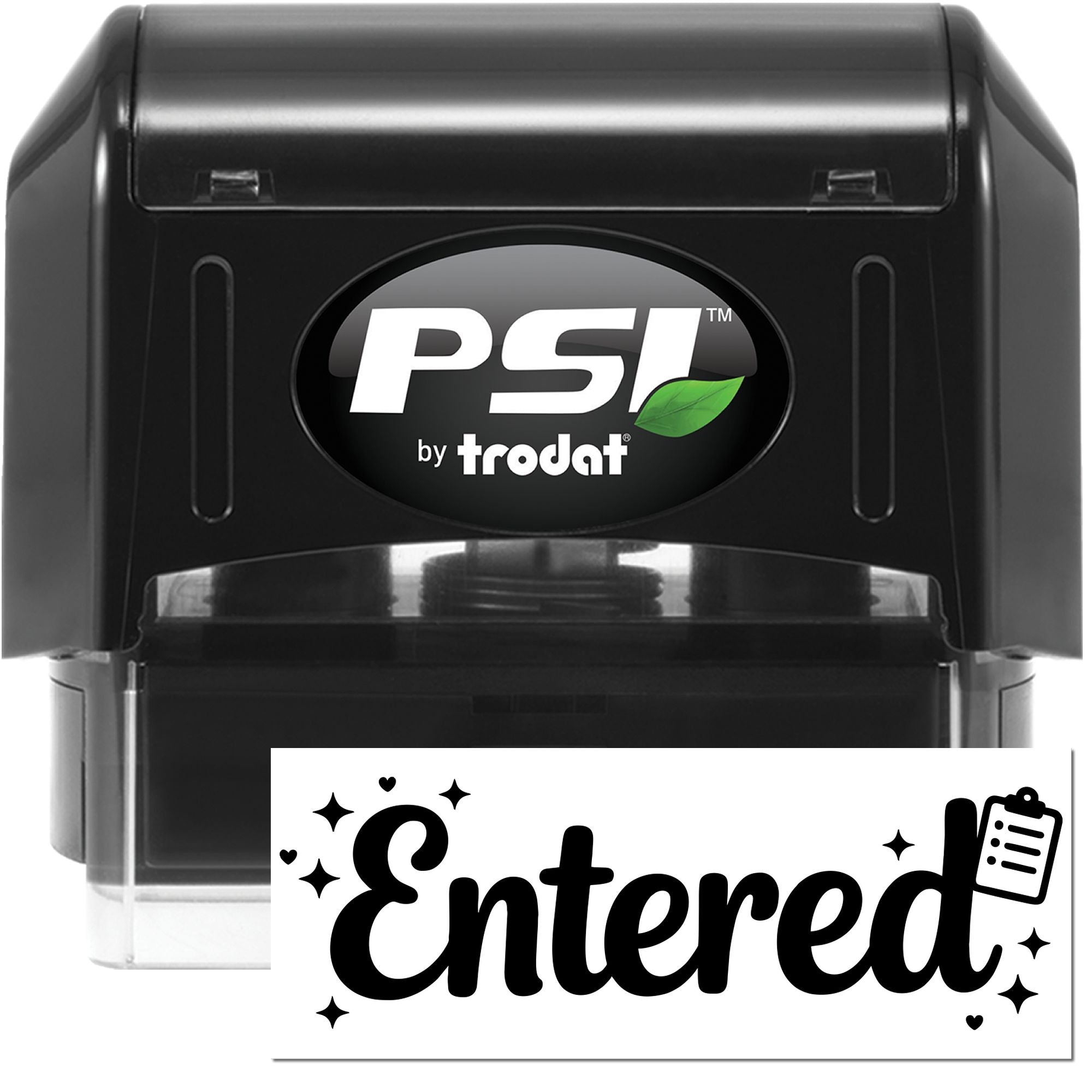 PSI by Trodat self-inking Entered rubber stamp for office document processing and file marking.