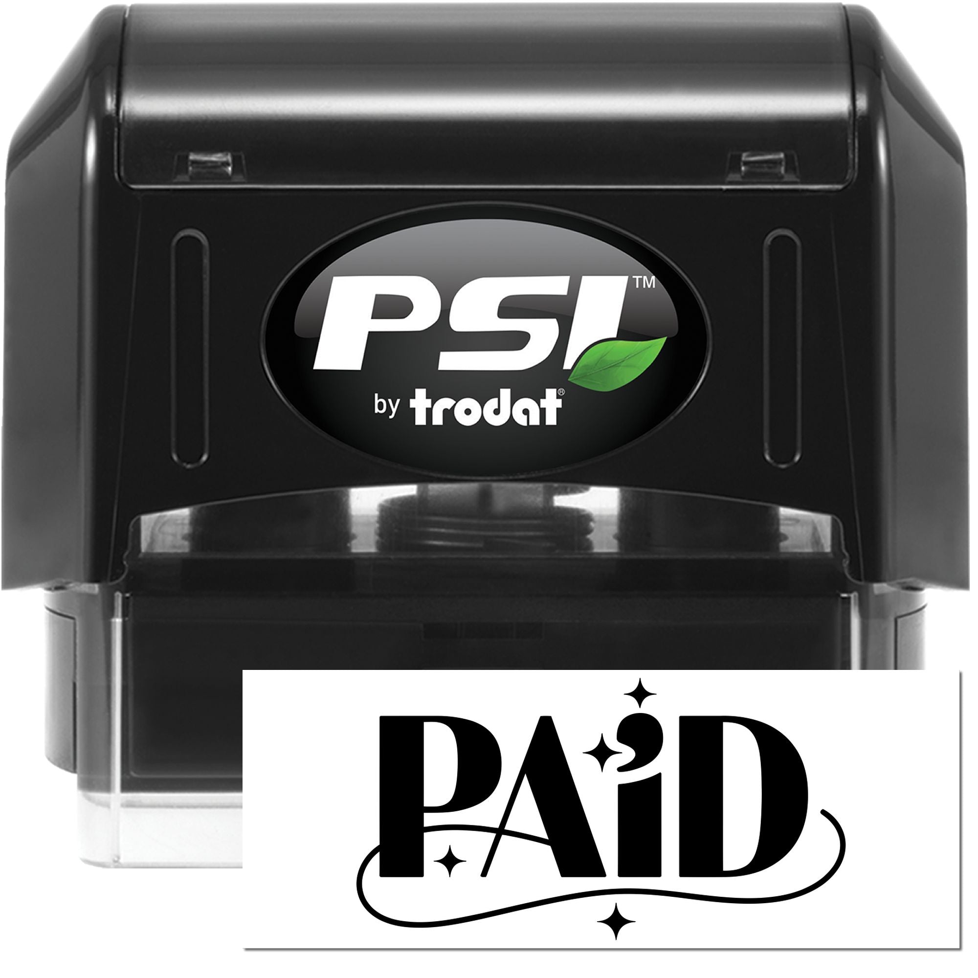 PSI by Trodat self-inking rubber stamp with custom PAID imprint for business documents and invoices.