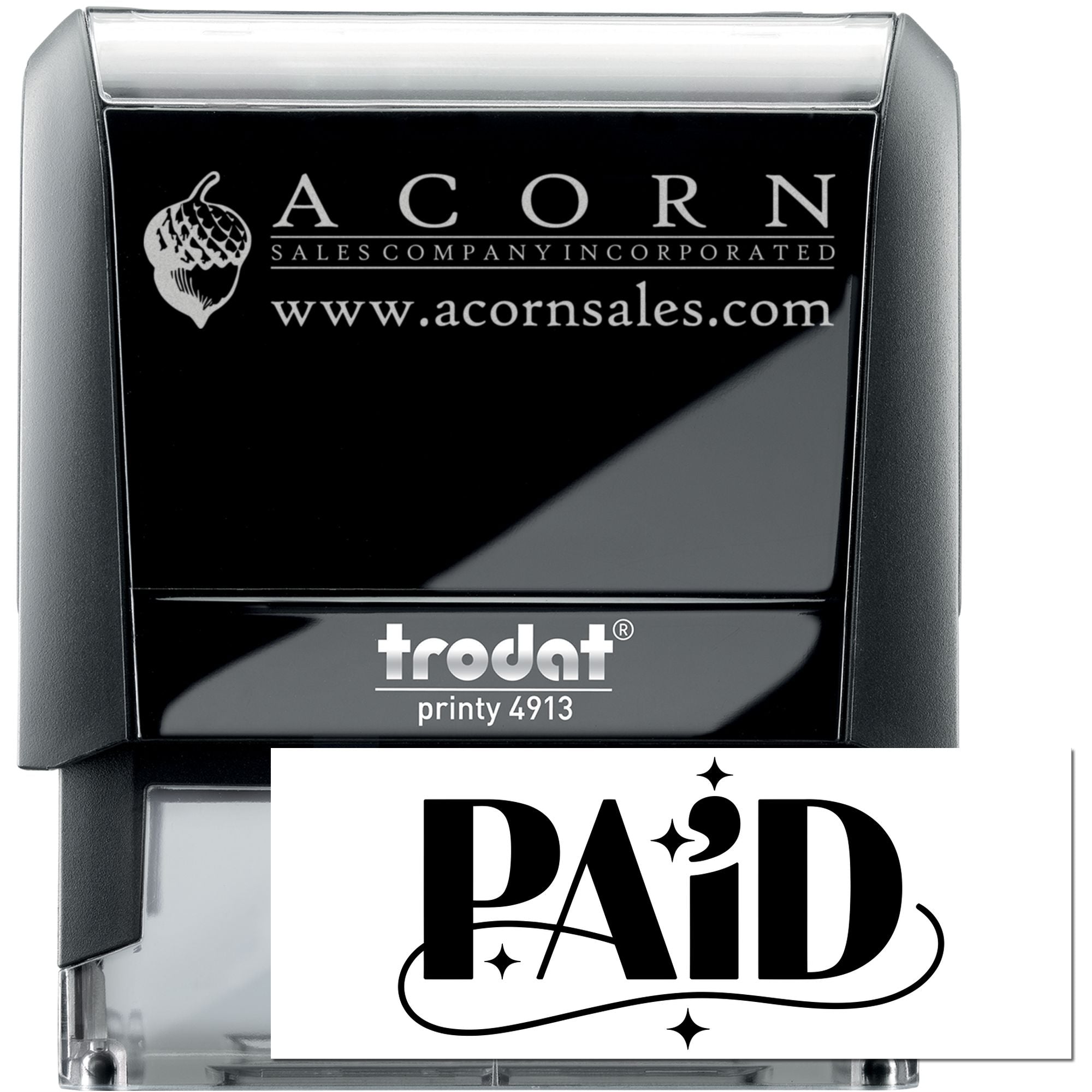 Trodat self-inking rubber stamp with Acorn Sales logo and Paid imprint for office document processing.