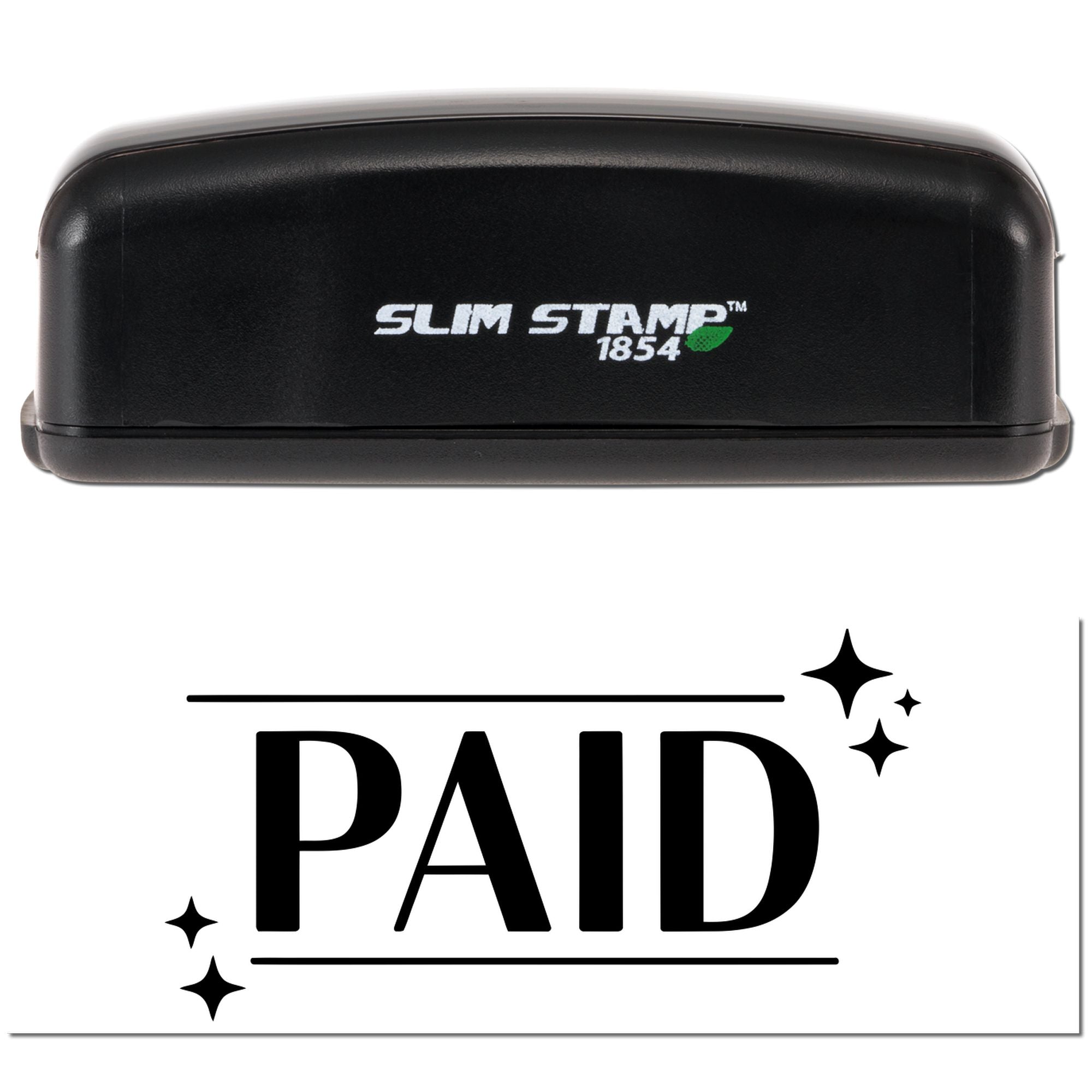 Slim Stamp self-inking rubber stamp creates bold PAID impression for invoices, mail, and office use.