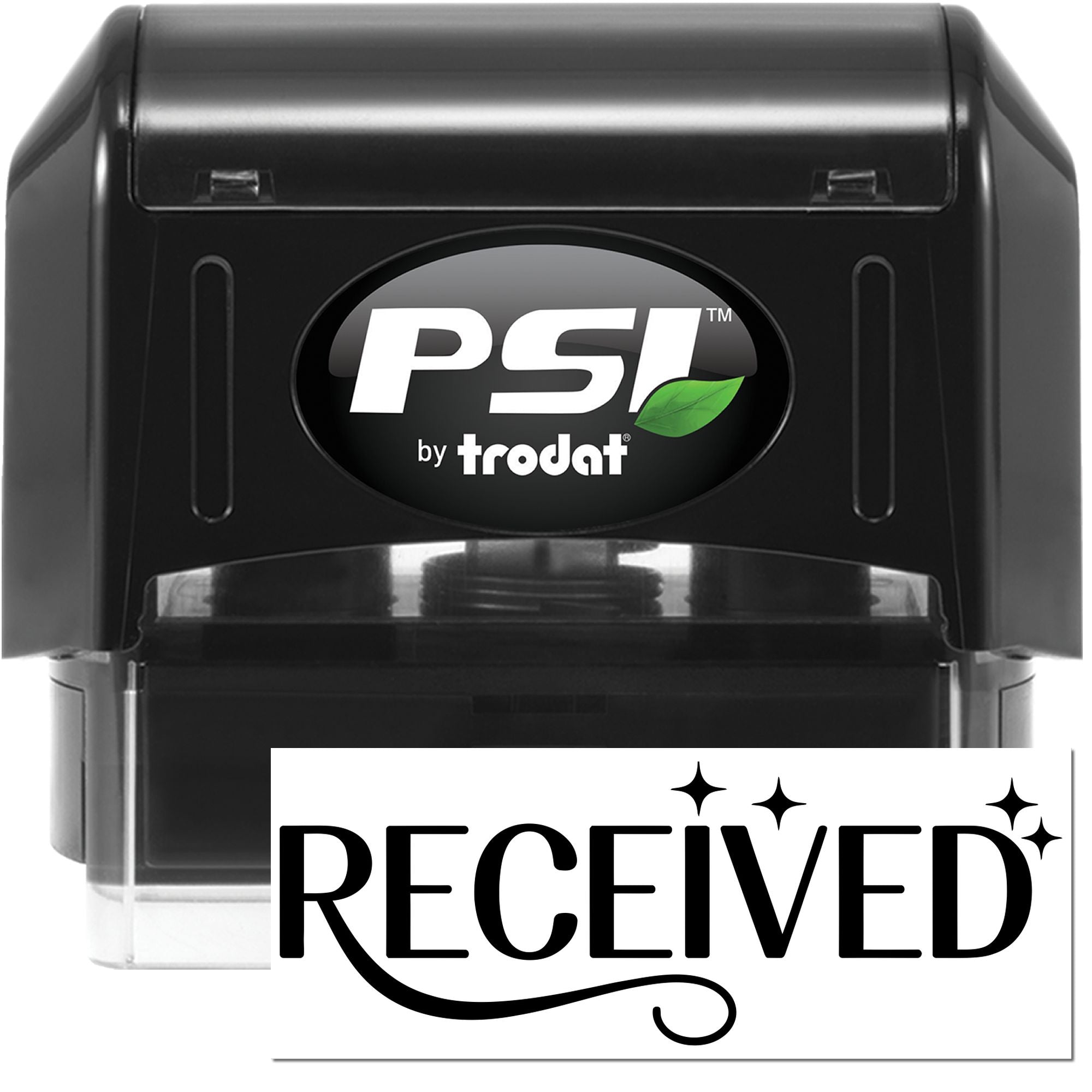 PSI by Trodat self-inking rubber stamp with RECEIVED impression for office document processing.