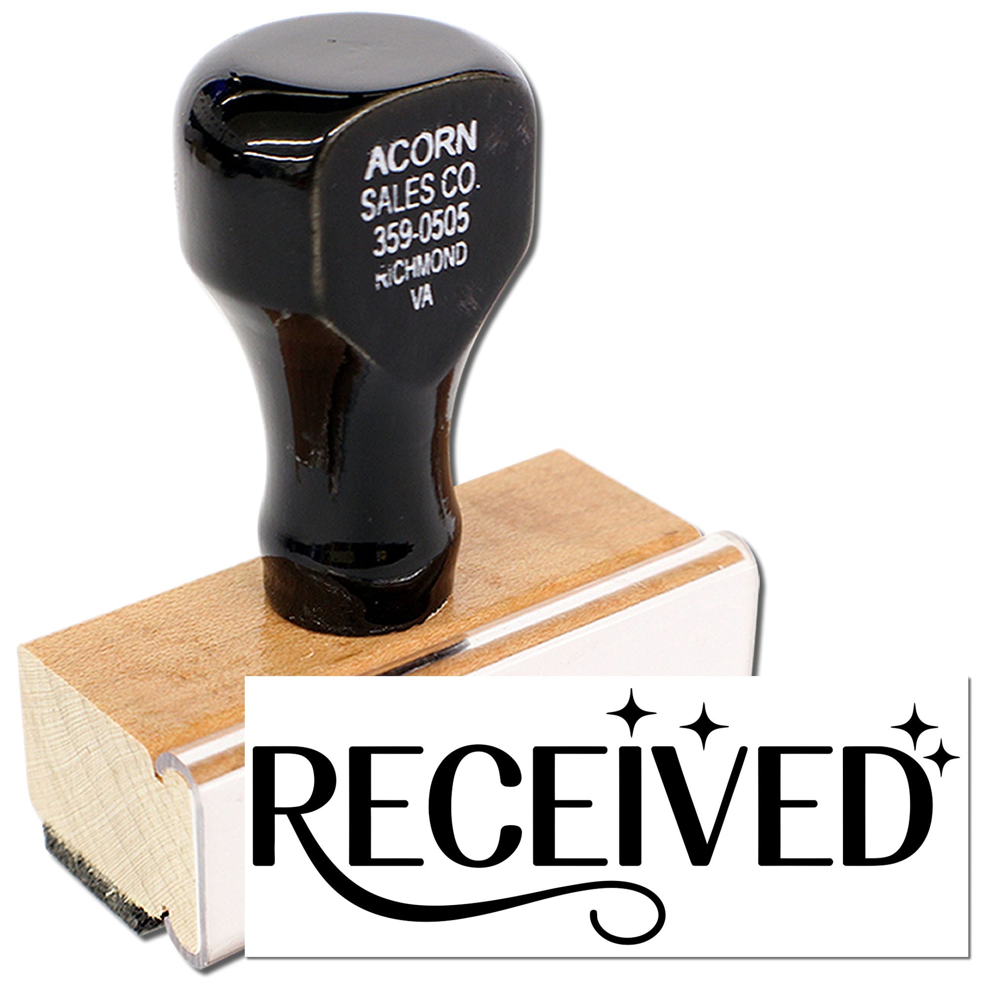 Received rubber stamp with wooden handle for marking office mail, invoices, and documents.