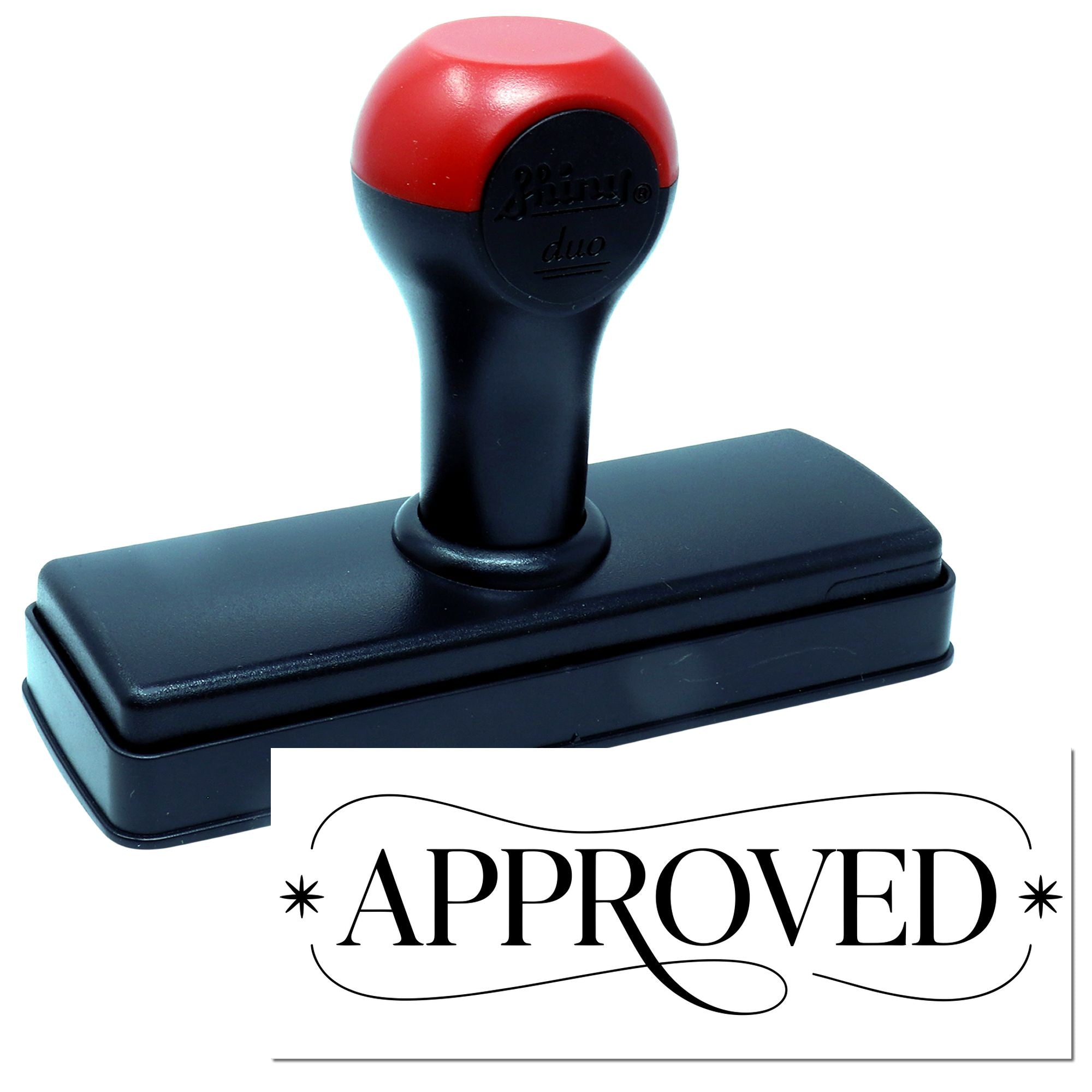 Self-inking rubber stamp with bold APPROVED imprint for office document approval and record marking.