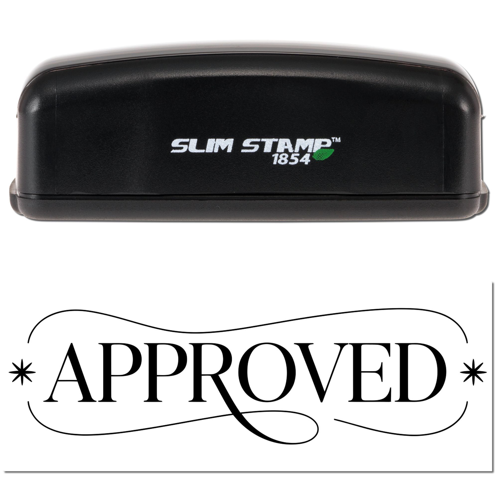 Slim Stamp 1854 self-inking rubber stamp showing APPROVED imprint for office document approval