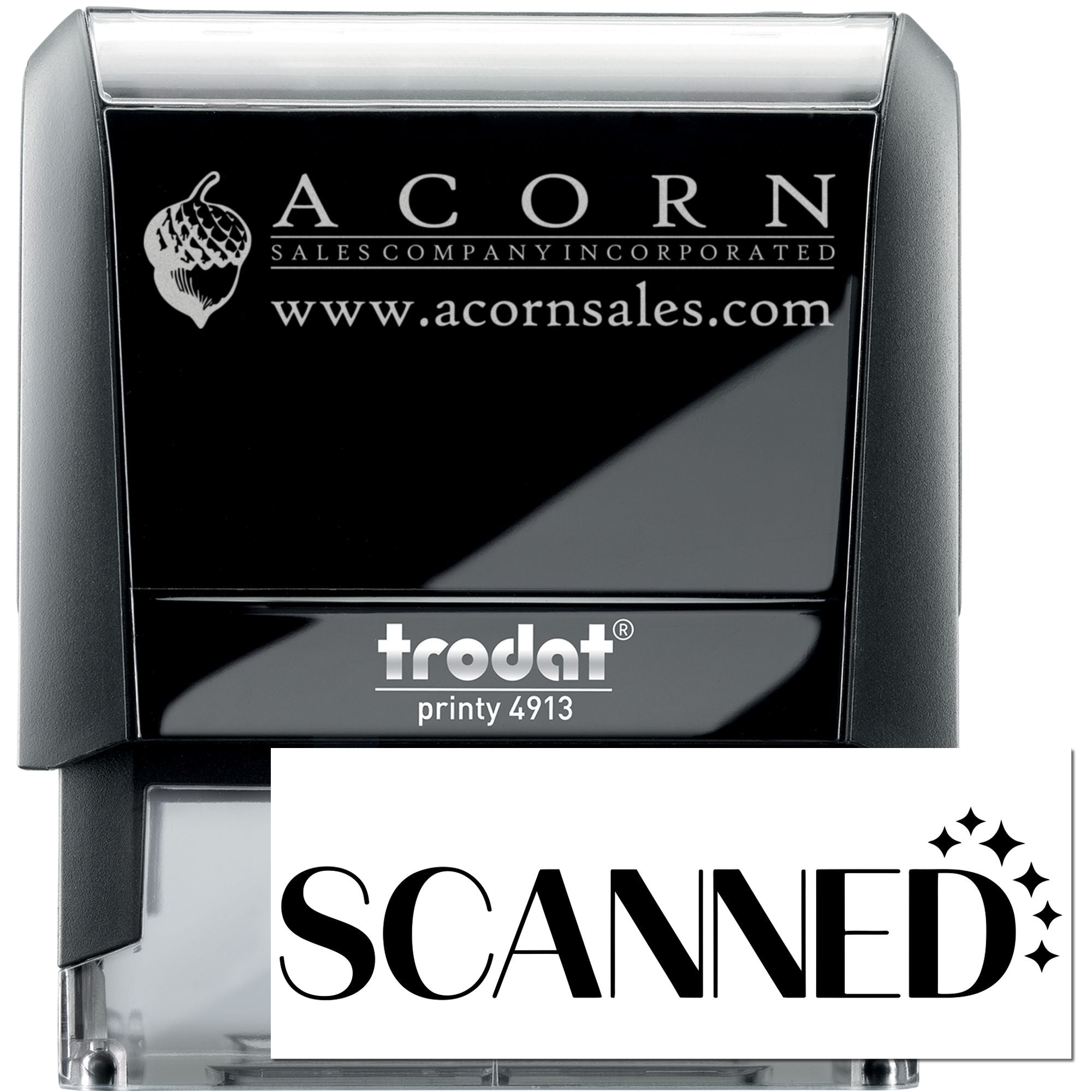 Custom self-inking rubber stamp with Acorn Sales Company logo, website, and SCANNED imprint; Trodat Printy 4913.
