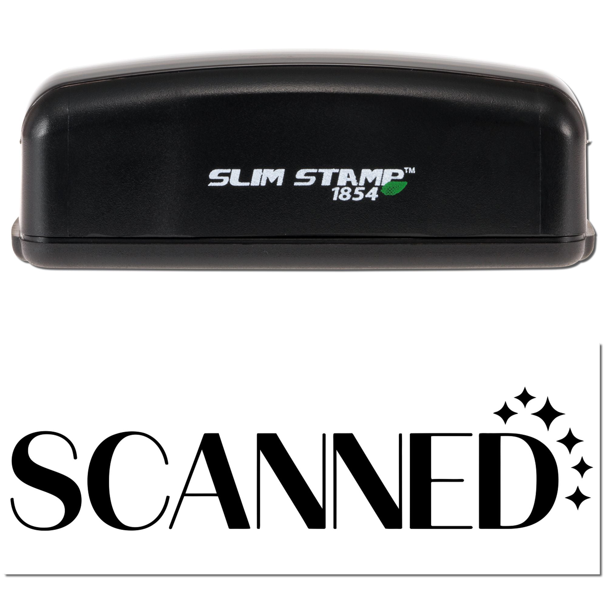 Slim Stamp 1854 self-inking rubber stamp with SCANNED imprint, ideal for office document marking and mail processing.