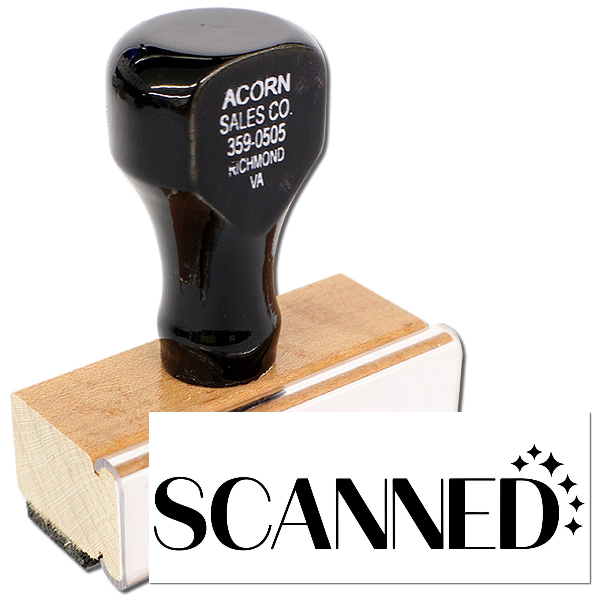 Custom wooden rubber stamp with SCANNED imprint, ideal for office document processing and mail marking.
