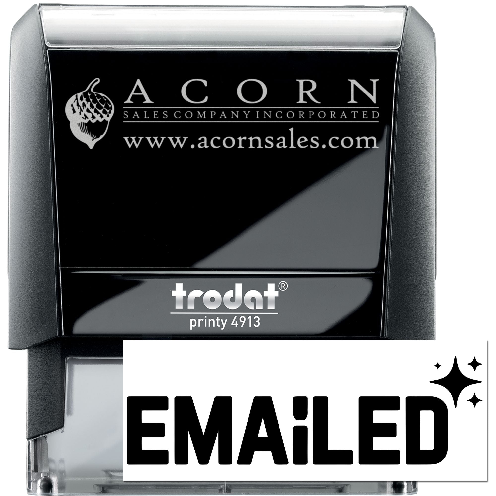 Custom Trodat Printy 4913 self-inking rubber stamp for Acorn Sales, featuring logo and Emailed imprint.