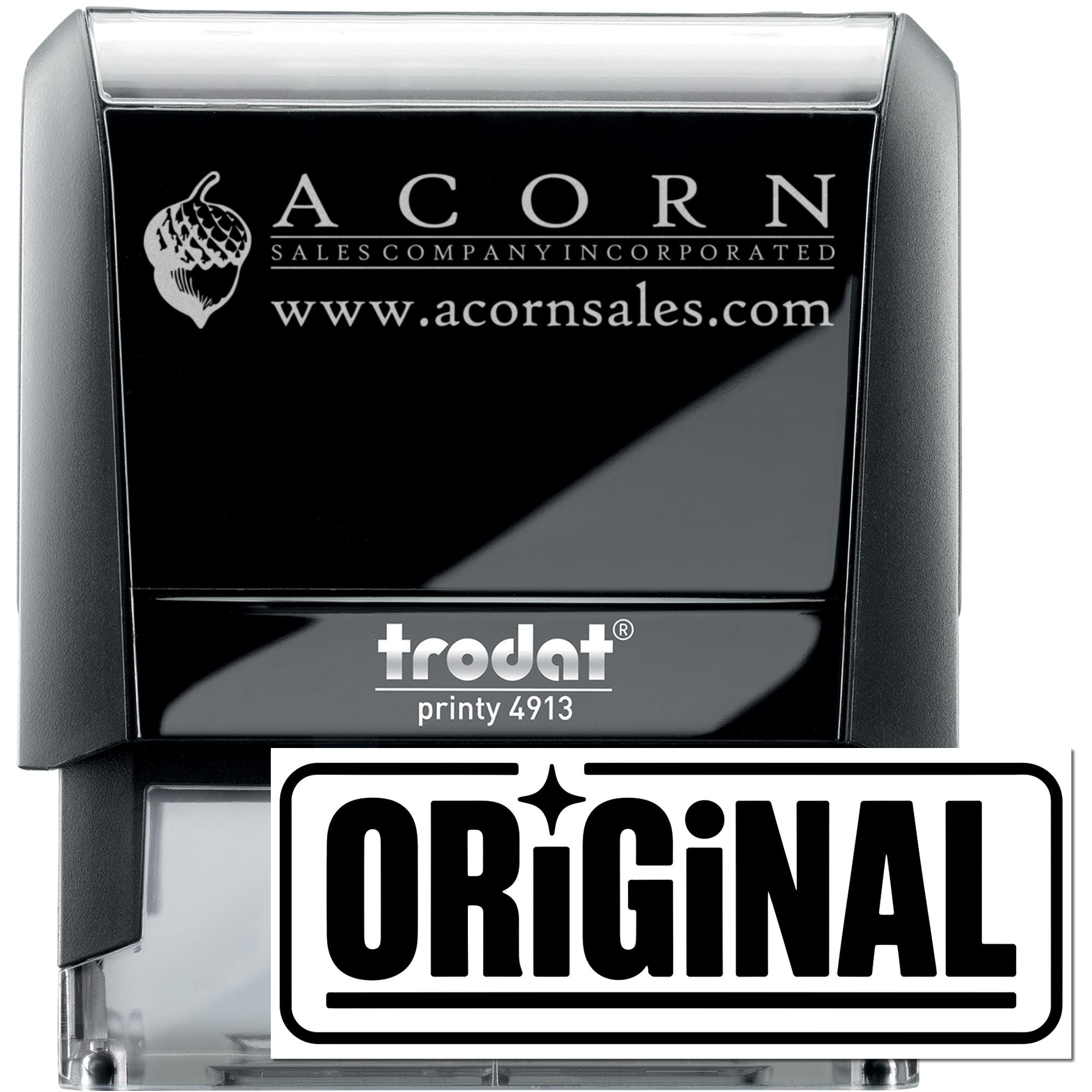 Custom Trodat Printy 4913 self-inking rubber stamp with Acorn Sales Company logo and website imprint