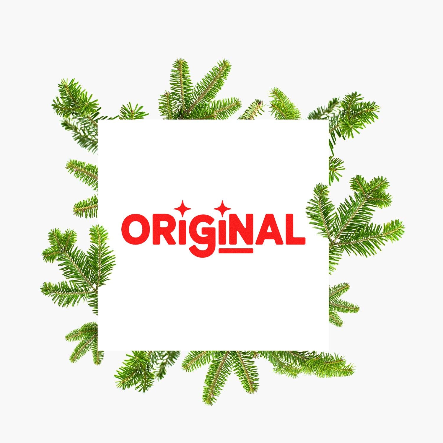 Original rubber stamp design with red lettering framed by evergreen branches for holiday crafts, branding, and packaging.