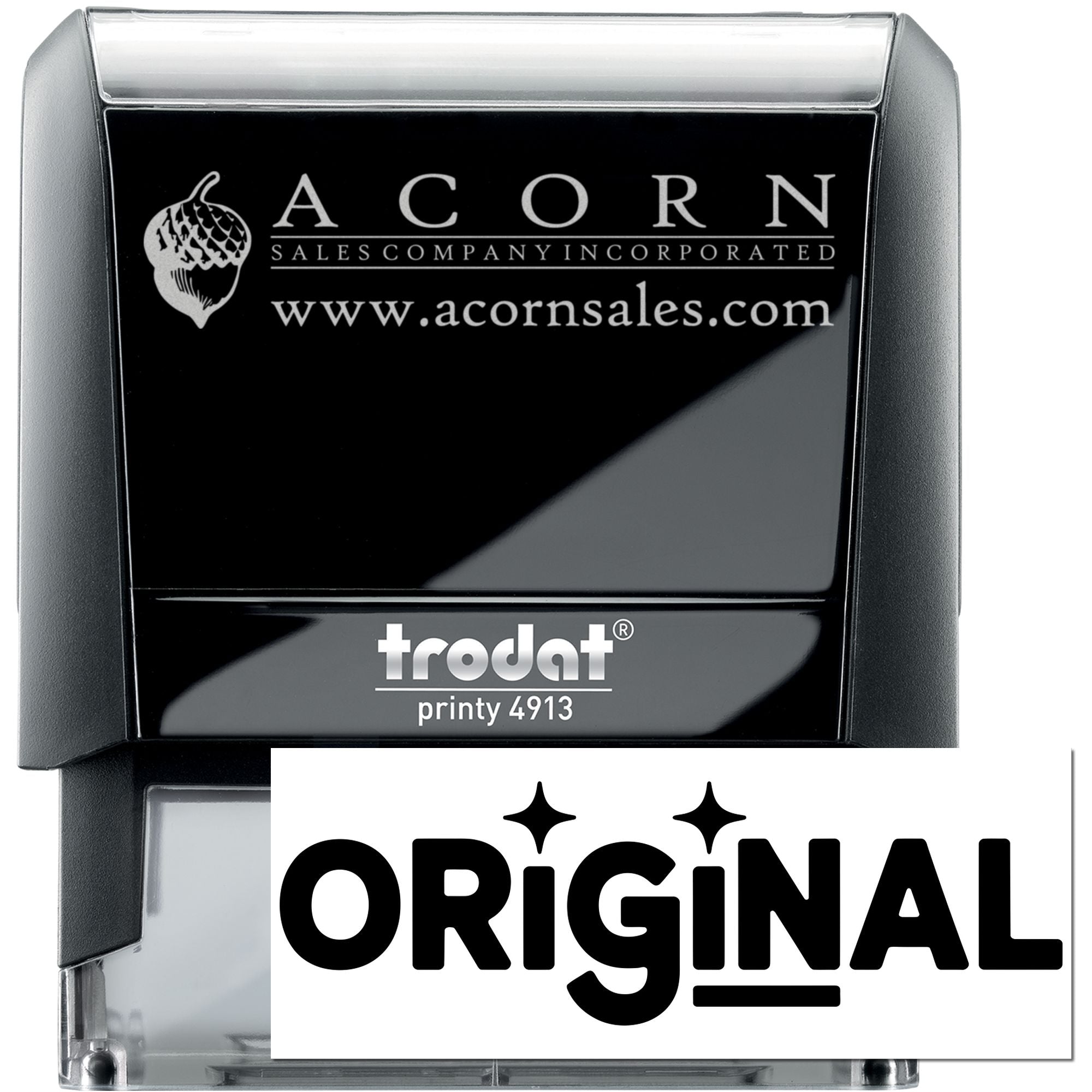 Custom Trodat Printy 4913 self-inking rubber stamp with Acorn Sales logo and website, ideal for business branding