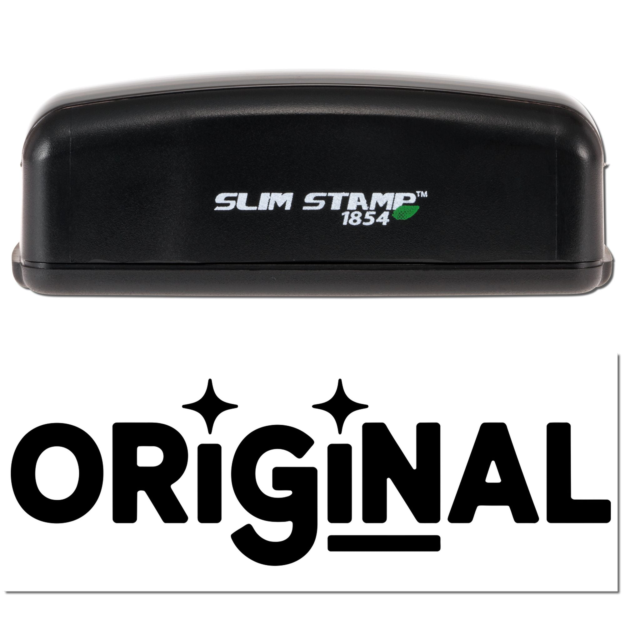 Black Slim Stamp 1854 rubber stamp showing ORIGINAL imprint for custom branding, crafts, and office use.