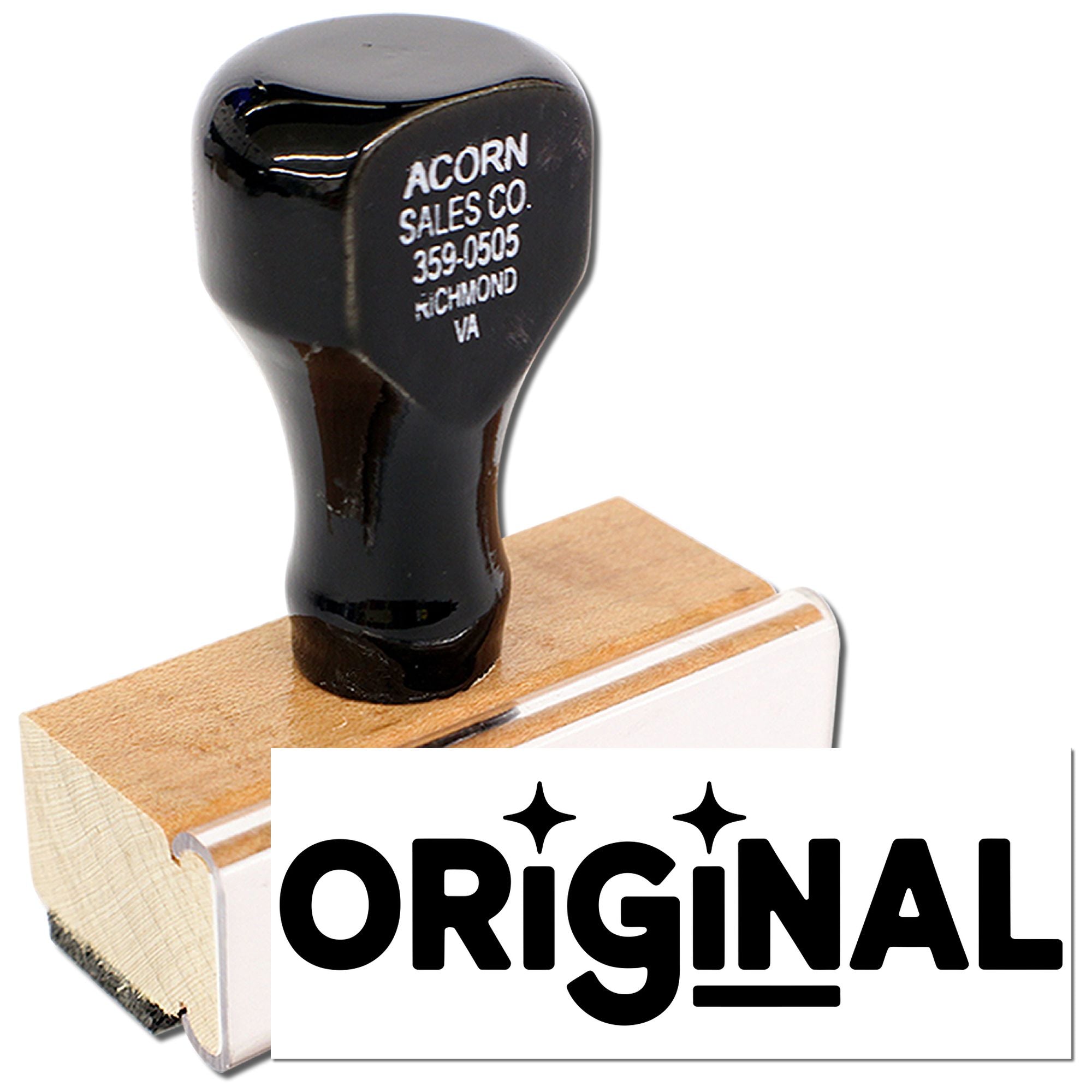 Custom business rubber stamp with wooden handle and ORIGINAL imprint, ideal for office branding and document marking.