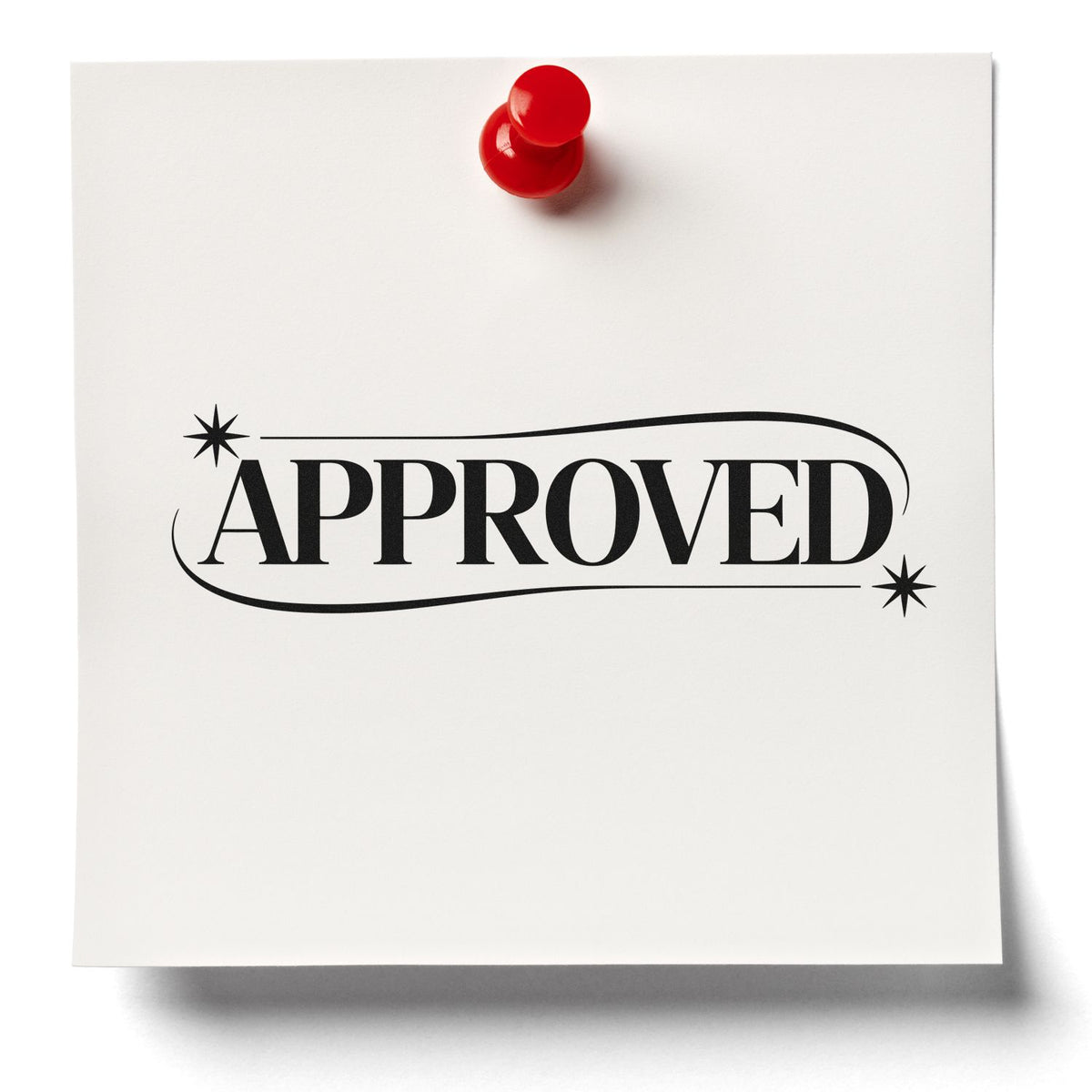 Approved rubber stamp impression on paper with red push pin, ideal for office approval workflow.