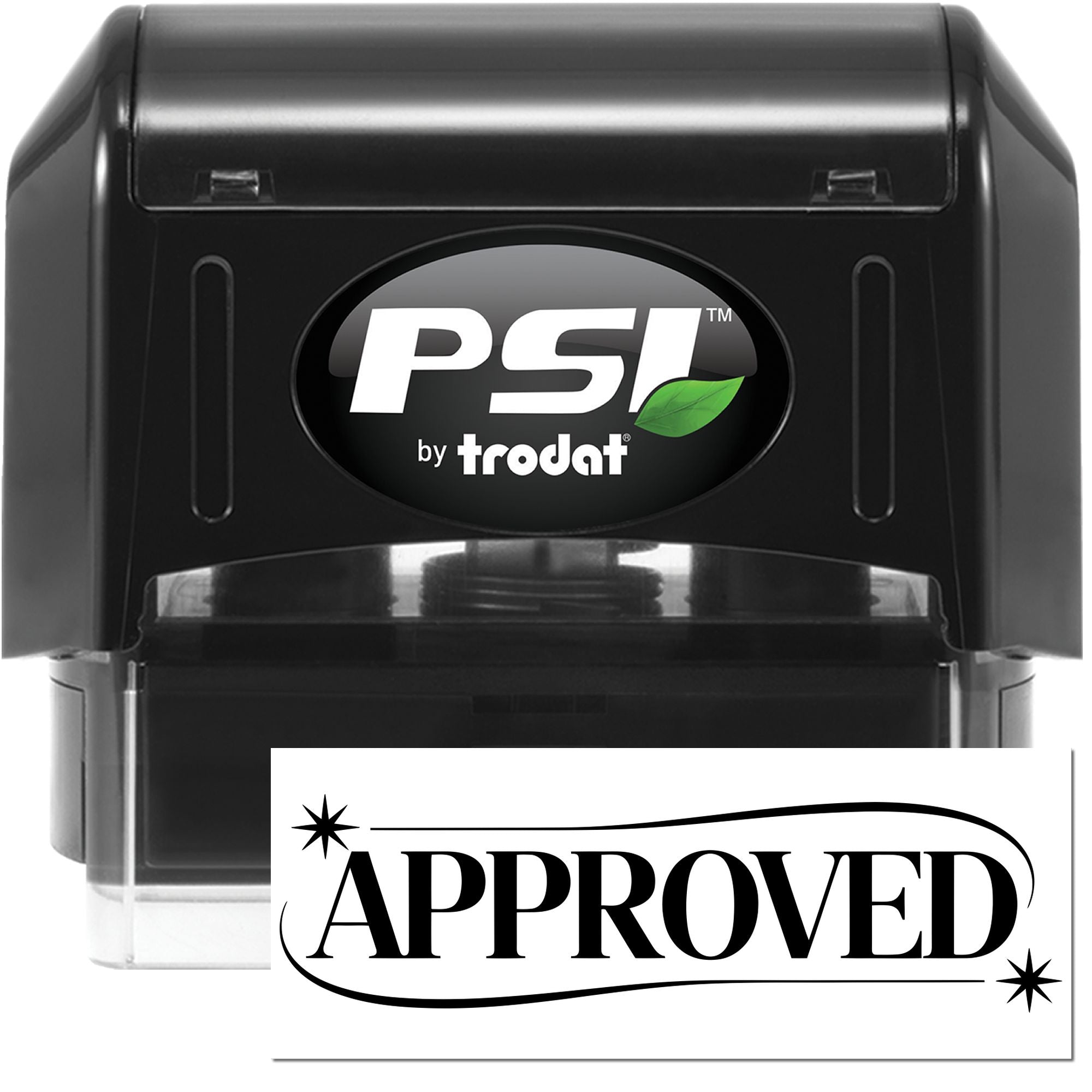 PSI by Trodat self-inking rubber stamp with APPROVED impression for office document approval.