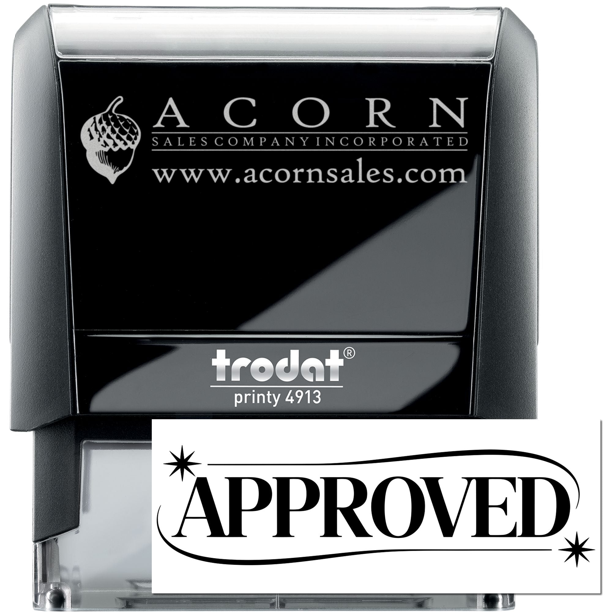 Custom self-inking rubber stamp, Trodat Printy 4913, with Acorn Sales logo, website, and approved imprint preview
