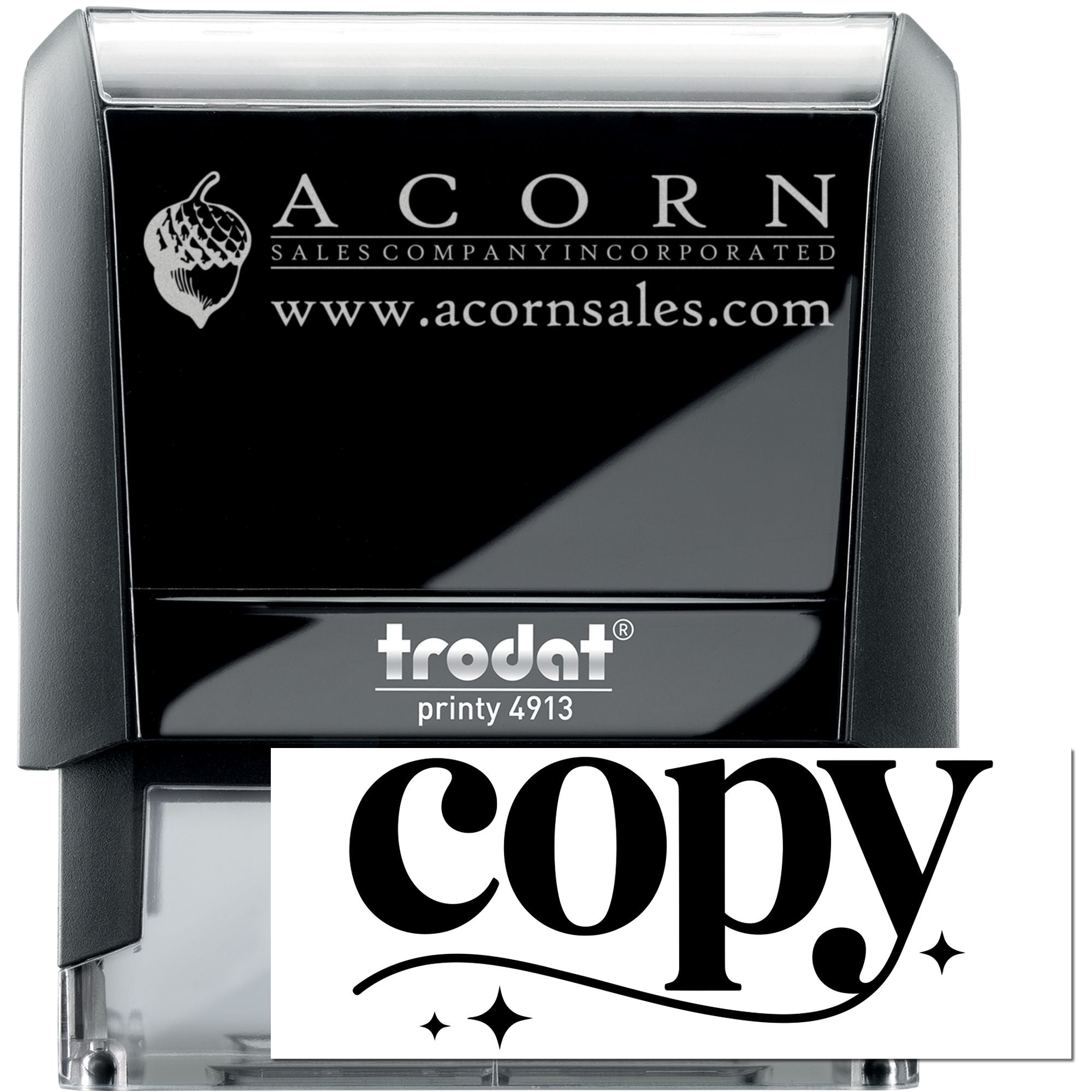 Custom Trodat Printy 4913 self-inking rubber stamp with Acorn Sales Company Incorporated logo and website for branded business use