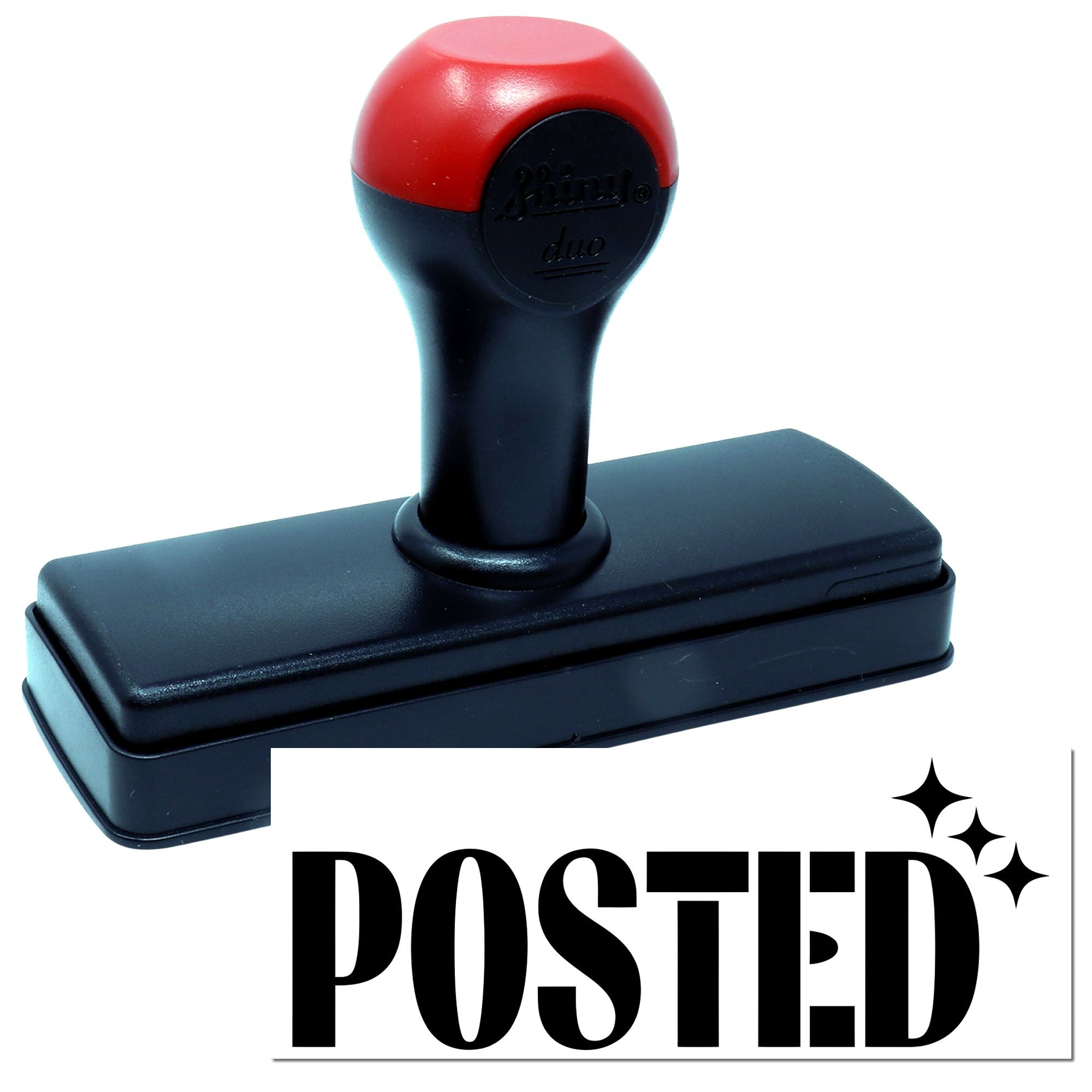 Self-inking rubber stamp with POSTED imprint for office mail, document approval, and paperwork marking.