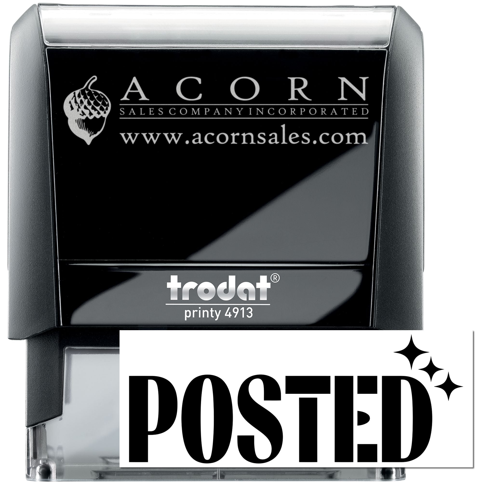 Custom self-inking rubber stamp Trodat Printy 4913 with Acorn Sales logo and website imprint