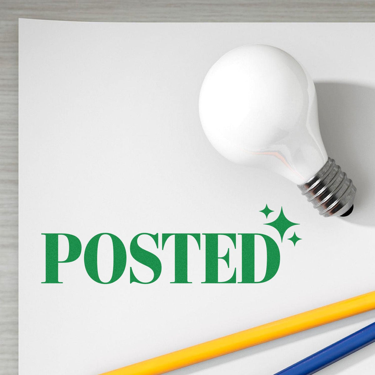 Green Posted rubber stamp design with lightbulb icon on paper, ideal for office mail, approval, and document marking.