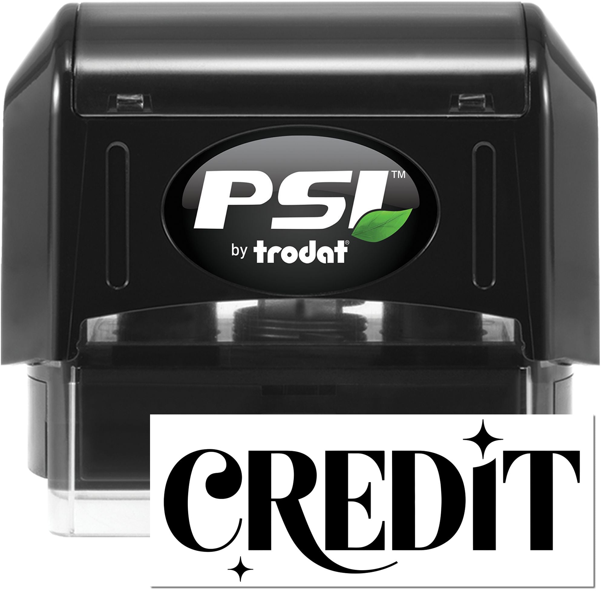 PSI by Trodat self-inking rubber stamp with bold CREDIT impression for office document marking.