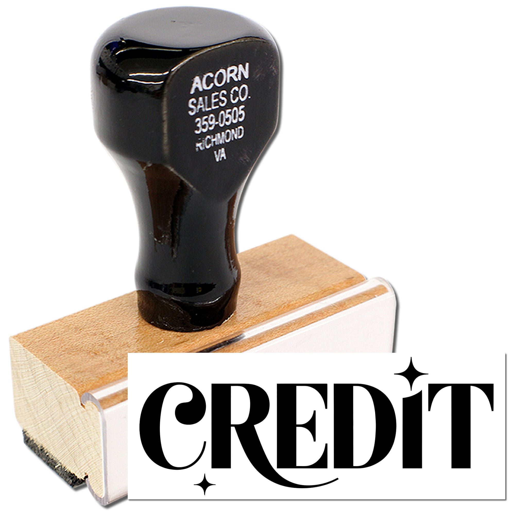 Custom wooden rubber stamp with CREDIT imprint for accounting, billing, and payment processing.