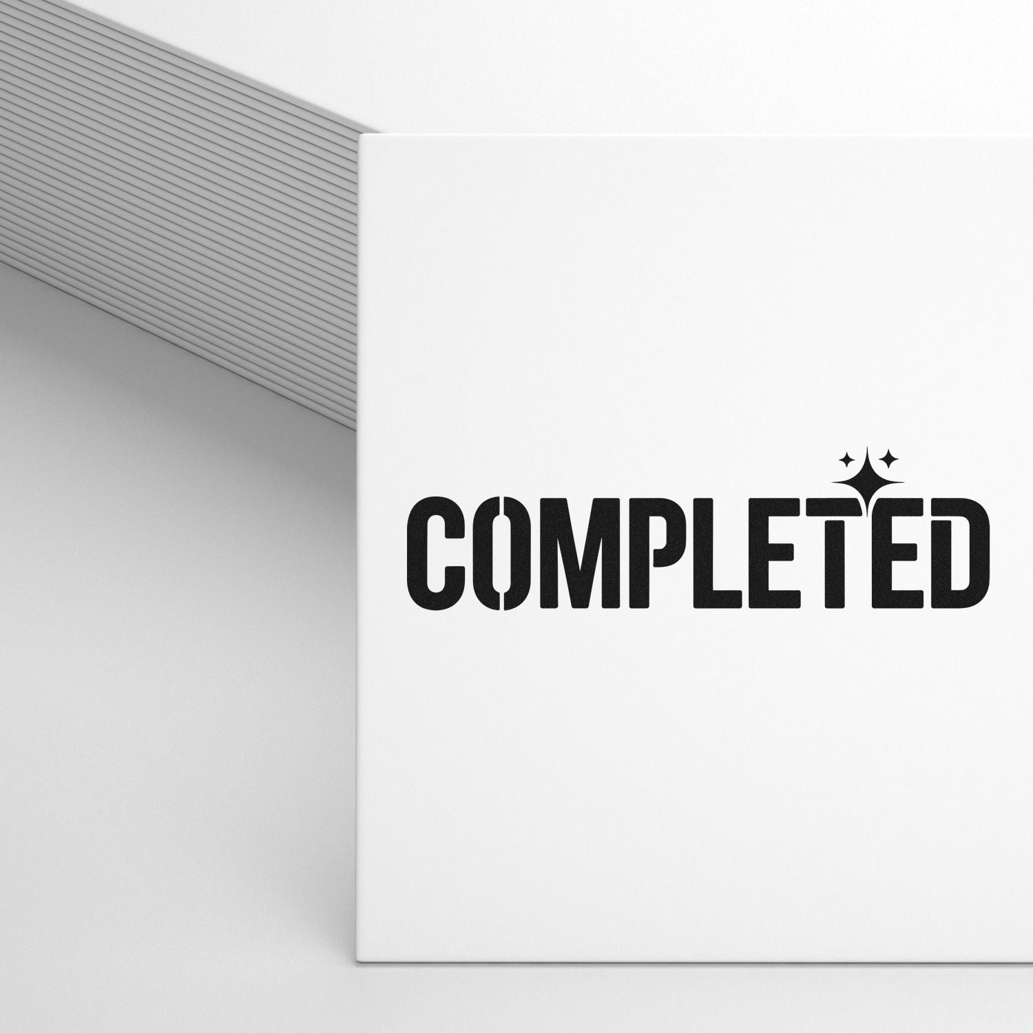 Completed rubber stamp for marking finished documents, office approvals, and workflow status.