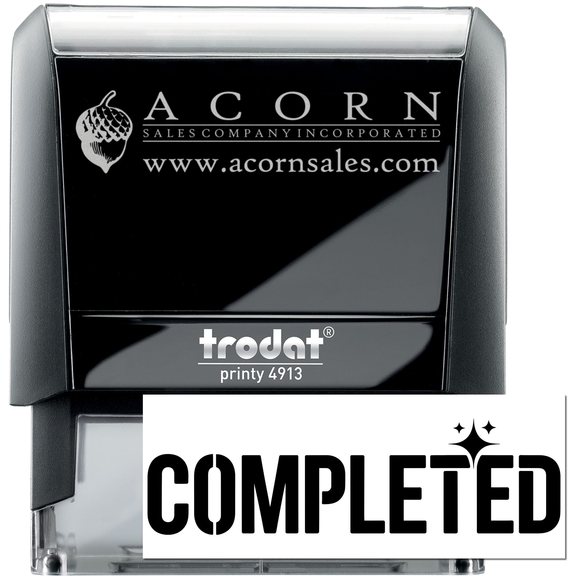Custom Trodat self-inking rubber stamp for Acorn Sales Company Incorporated with website and logo, ready for business branding.