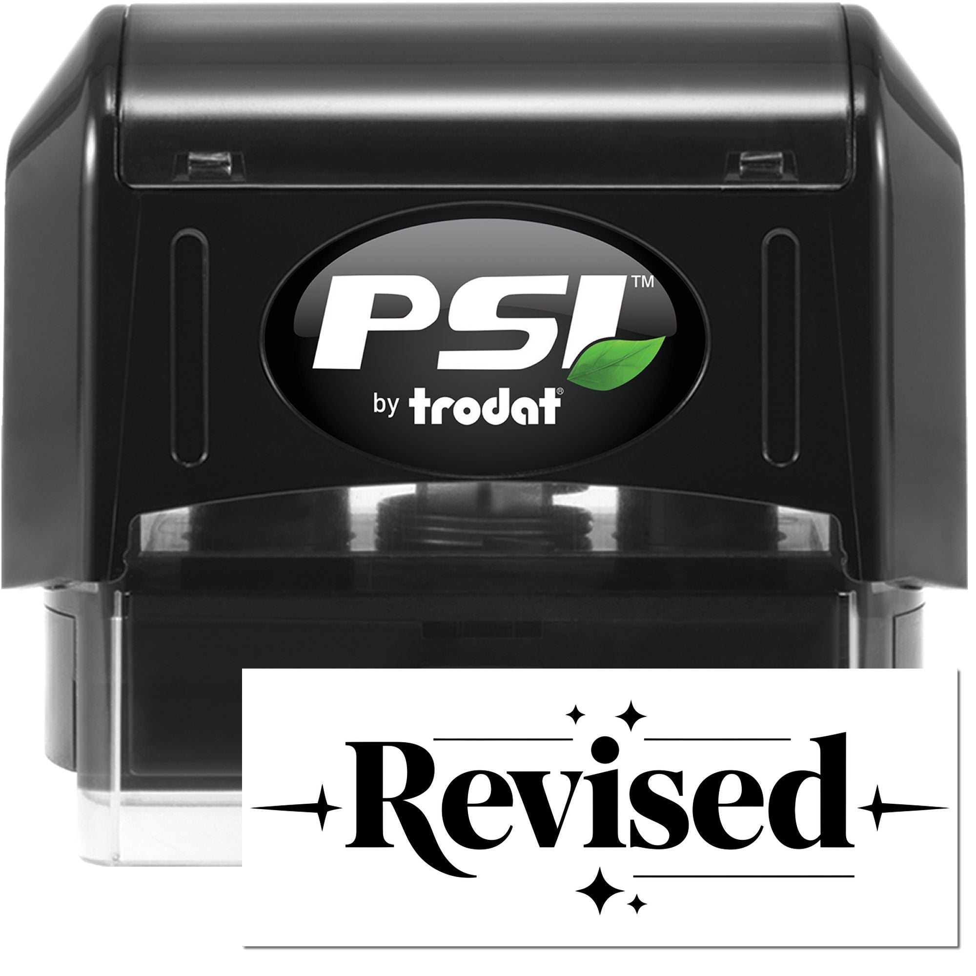 PSI by Trodat self-inking rubber stamp with Revised impression for office document review and approval marking.